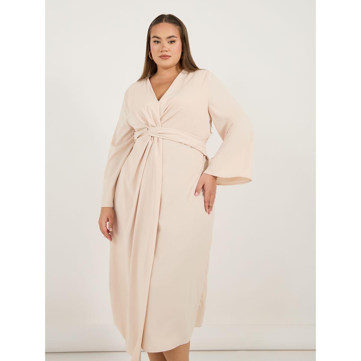 Styli Plus Size Solid Long Sleeves Wrap Front Midi Dress-women-clothing-dresses-image-2