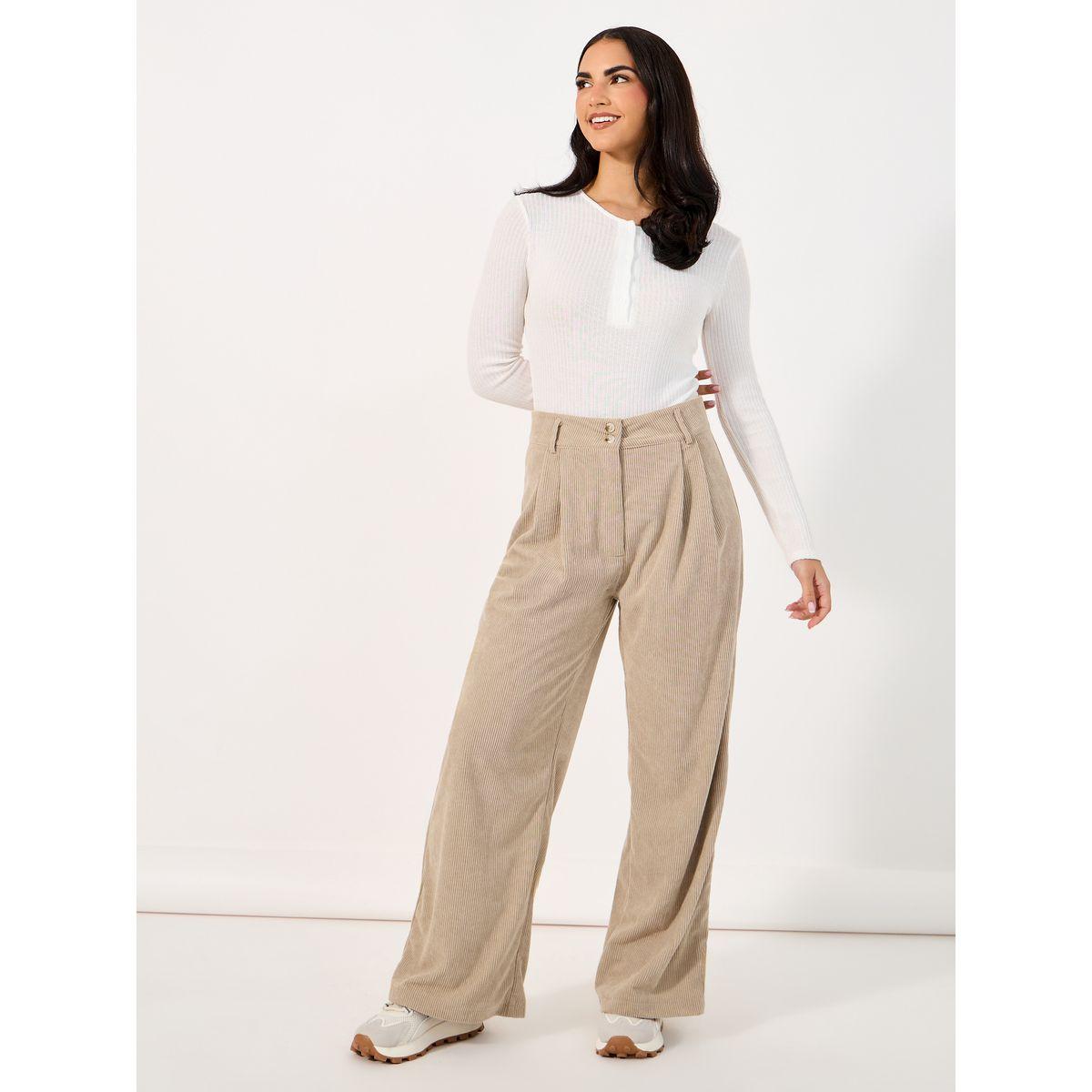 بنطال كوردروي بقصة مريحة وخصر عالي-women-clothing-bottoms-trousers-image-1