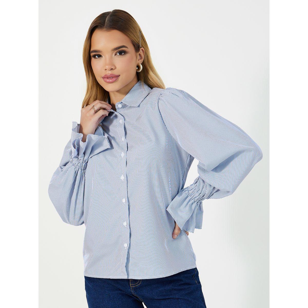 Styli Striped Flared Elasticated Balloon Sleeves Shirt-women-clothing-shirtsandblouses-shirts-image-1