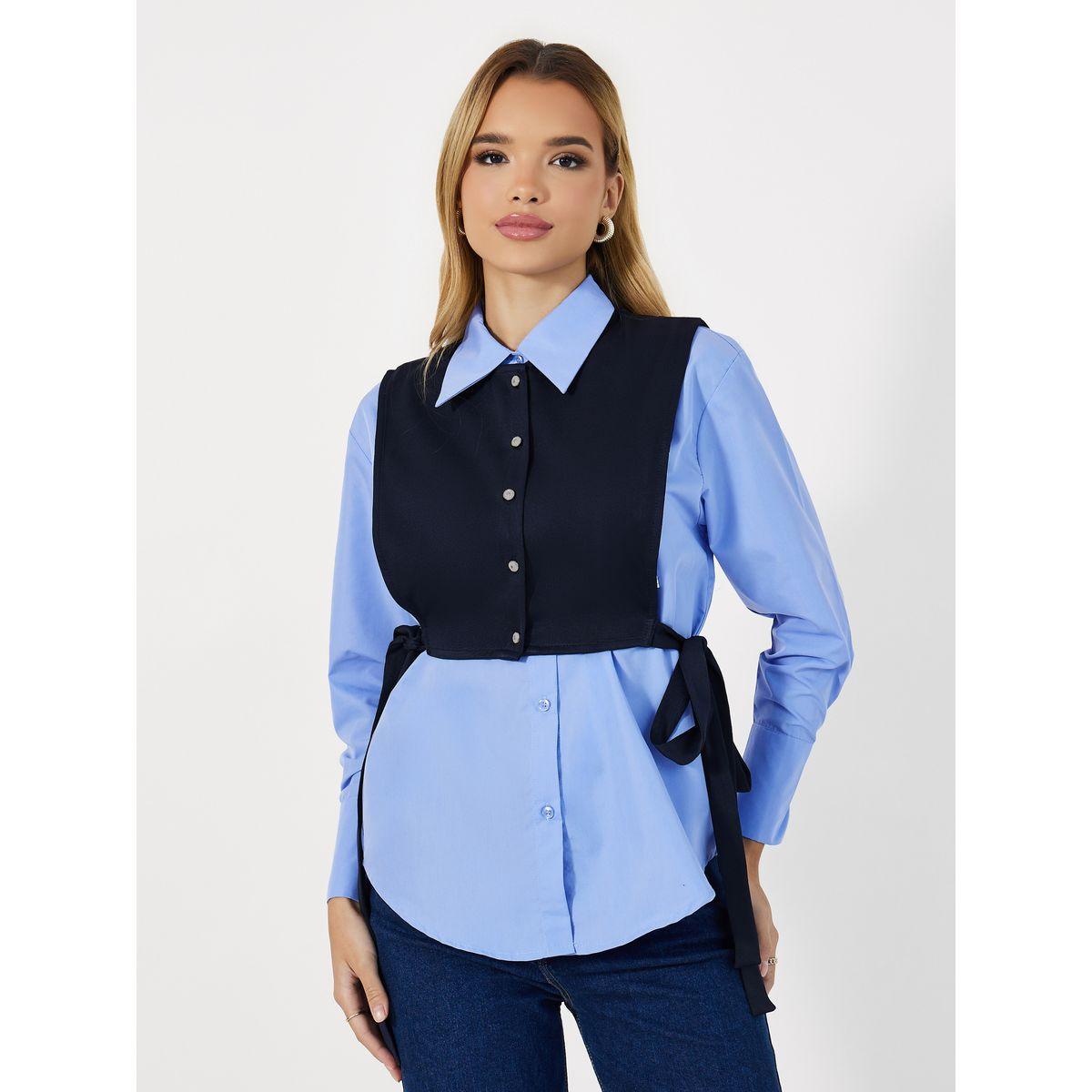Styli Loose Fit Collared Shirt with Front Contrast Panel & Tie Detail on The Side-women-clothing-shirtsandblouses-shirts-image-1