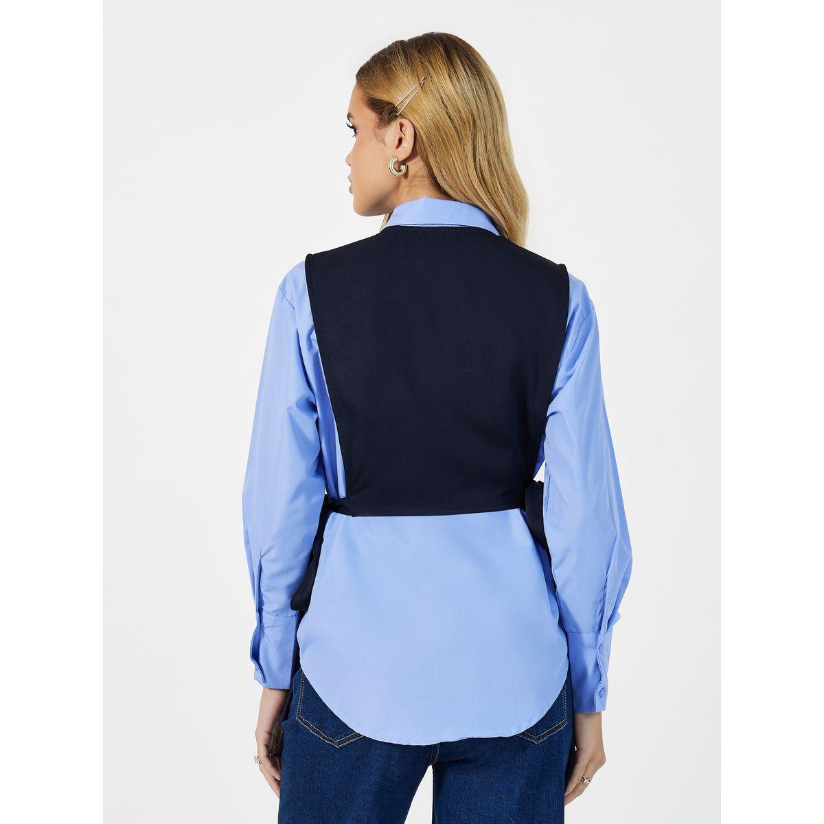 Styli Loose Fit Collared Shirt with Front Contrast Panel & Tie Detail on The Side-women-clothing-shirtsandblouses-shirts-image-4