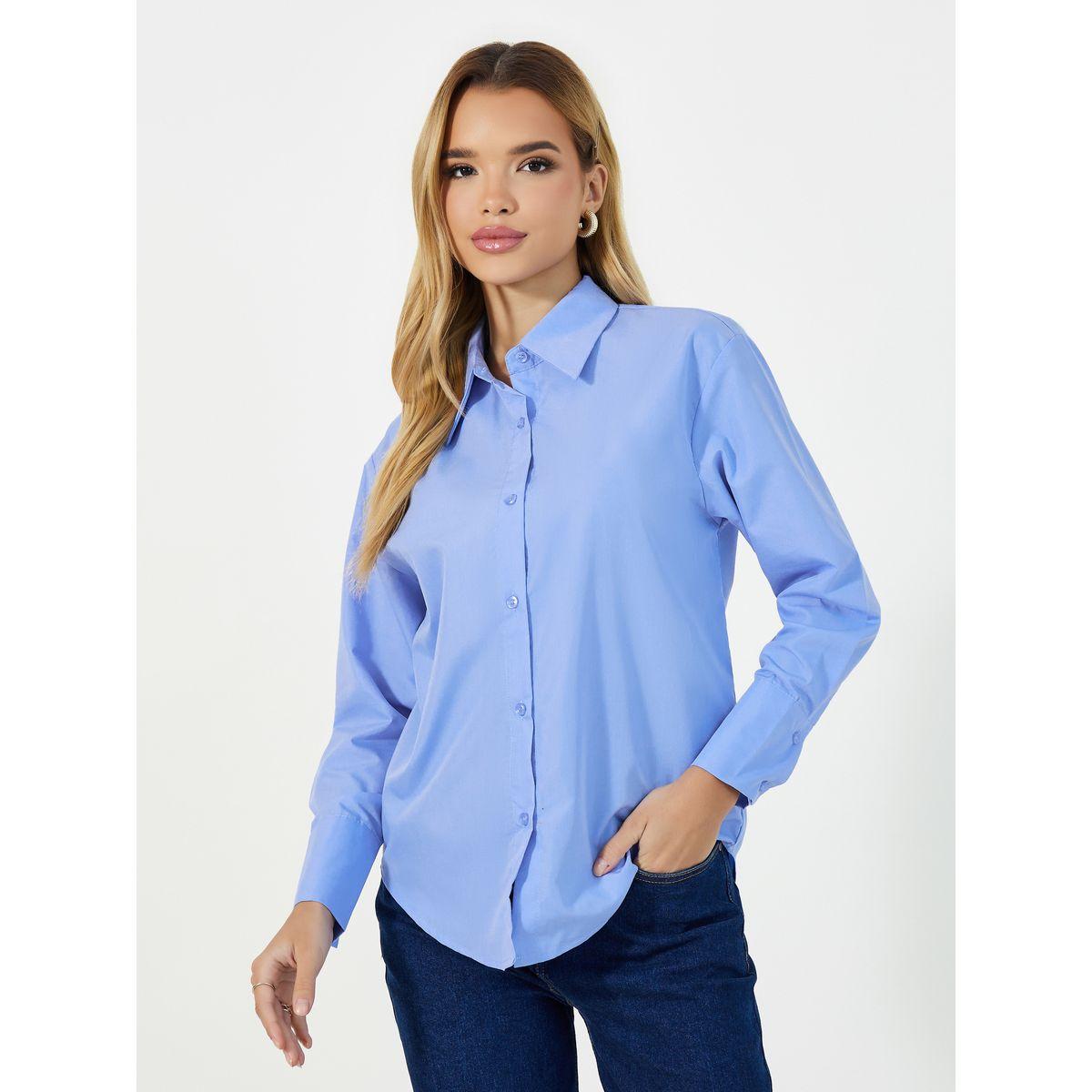 Styli Loose Fit Collared Shirt with Front Contrast Panel & Tie Detail on The Side-women-clothing-shirtsandblouses-shirts-image-5