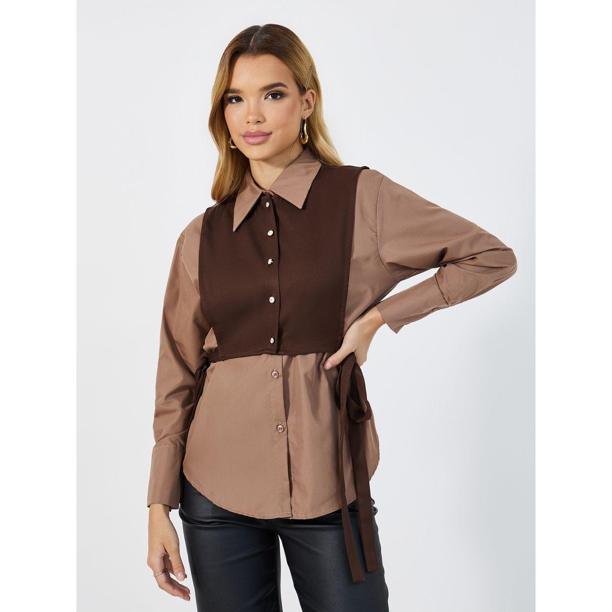 Styli Loose Fit Collared Shirt with Front Contrast Panel & Tie Detail on The Side-women-clothing-shirtsandblouses-shirts-image-1