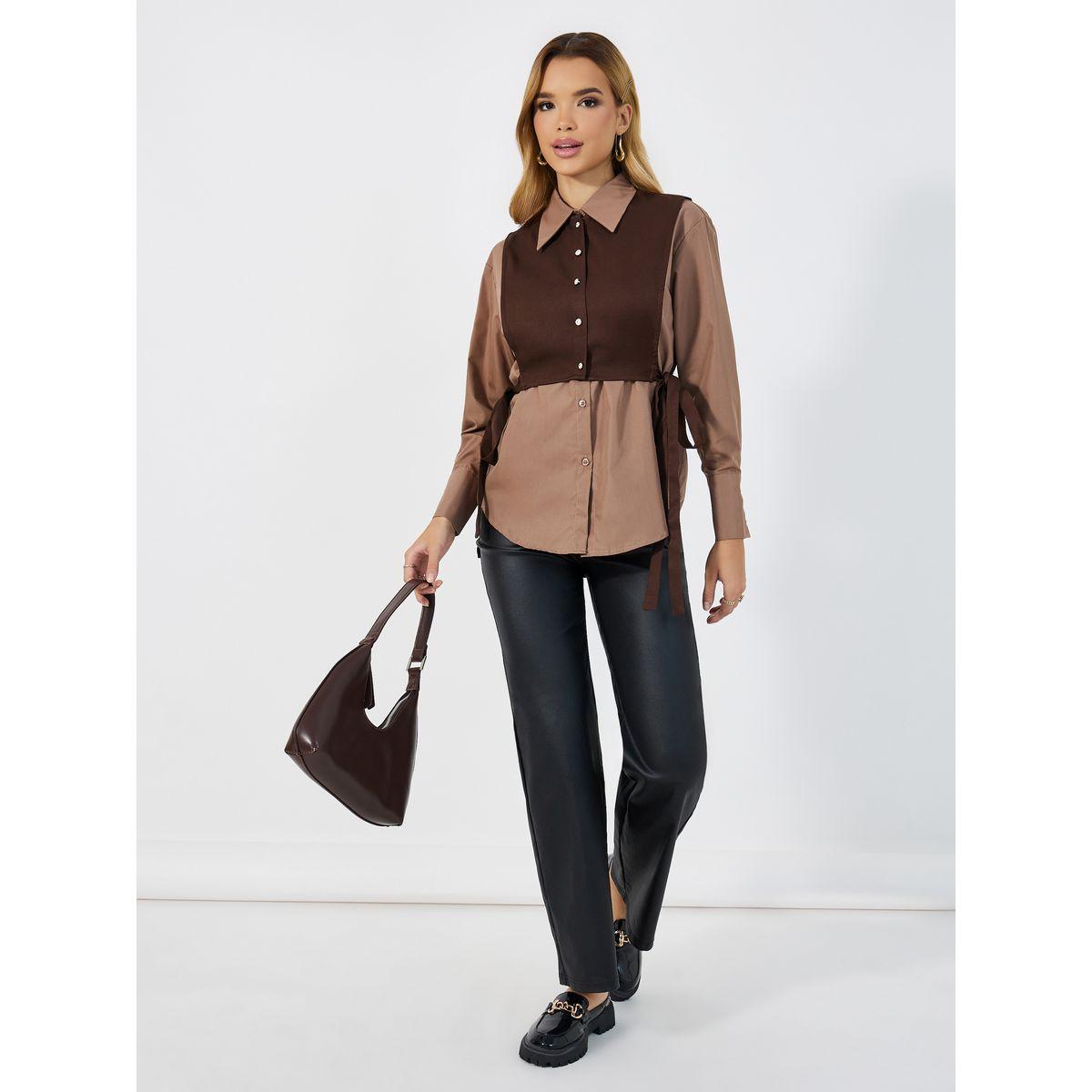 Styli Loose Fit Collared Shirt with Front Contrast Panel & Tie Detail on The Side-women-clothing-shirtsandblouses-shirts-image-2