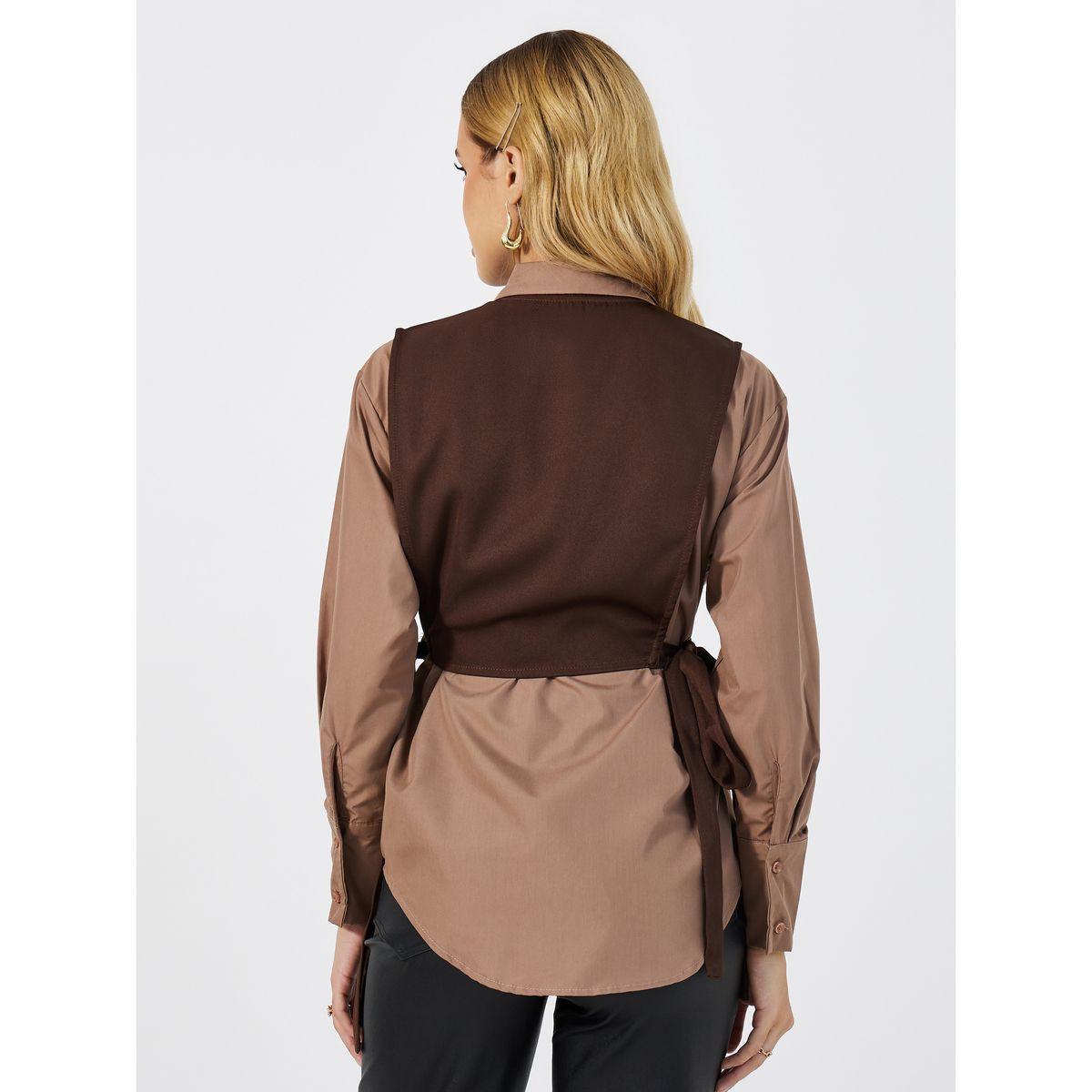 Styli Loose Fit Collared Shirt with Front Contrast Panel & Tie Detail on The Side-women-clothing-shirtsandblouses-shirts-image-4