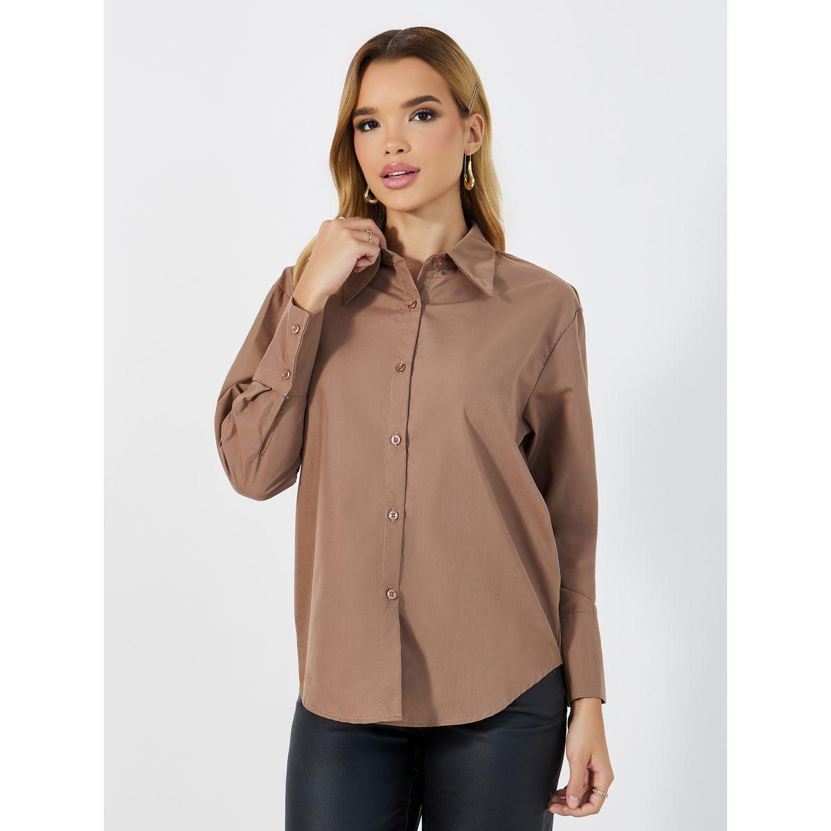 Styli Loose Fit Collared Shirt with Front Contrast Panel & Tie Detail on The Side-women-clothing-shirtsandblouses-shirts-image-5