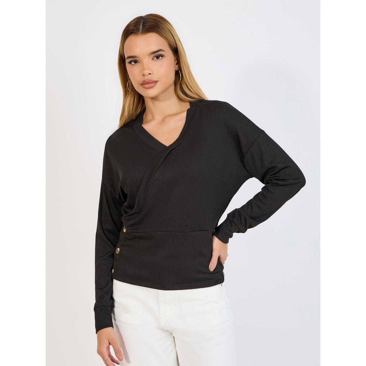 Styli Side Button Detail Wrap Front Knit Top-women-clothing-shirtsandblouses-blouses-image-1