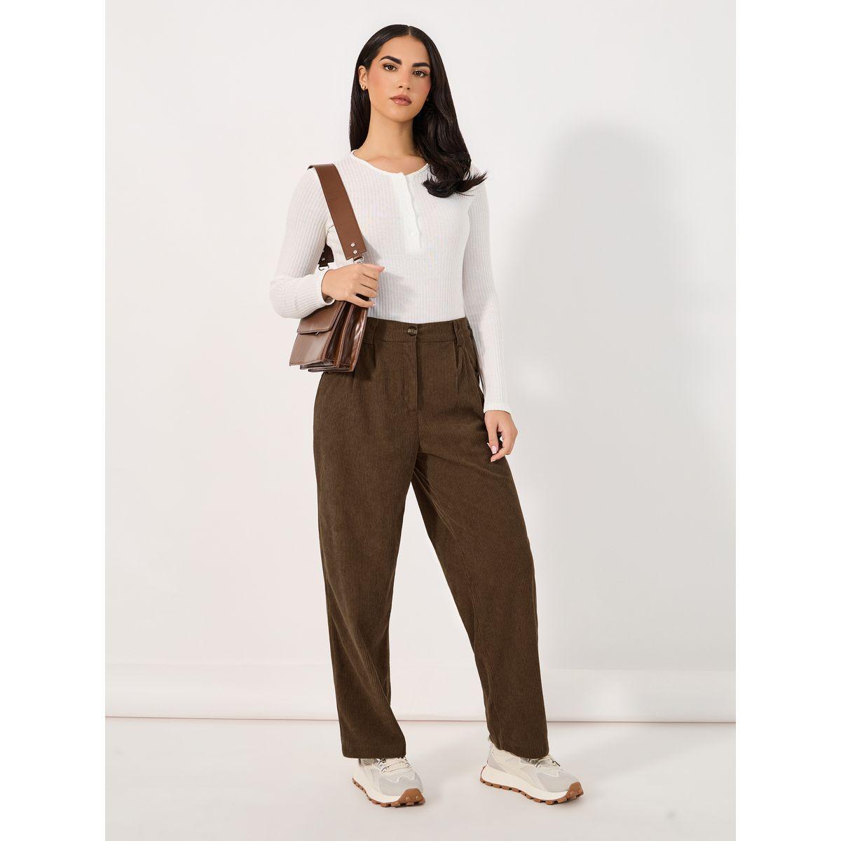 بنطال كوردروي بخصر عالي وجيب جانبي-women-clothing-bottoms-trousers-image-1