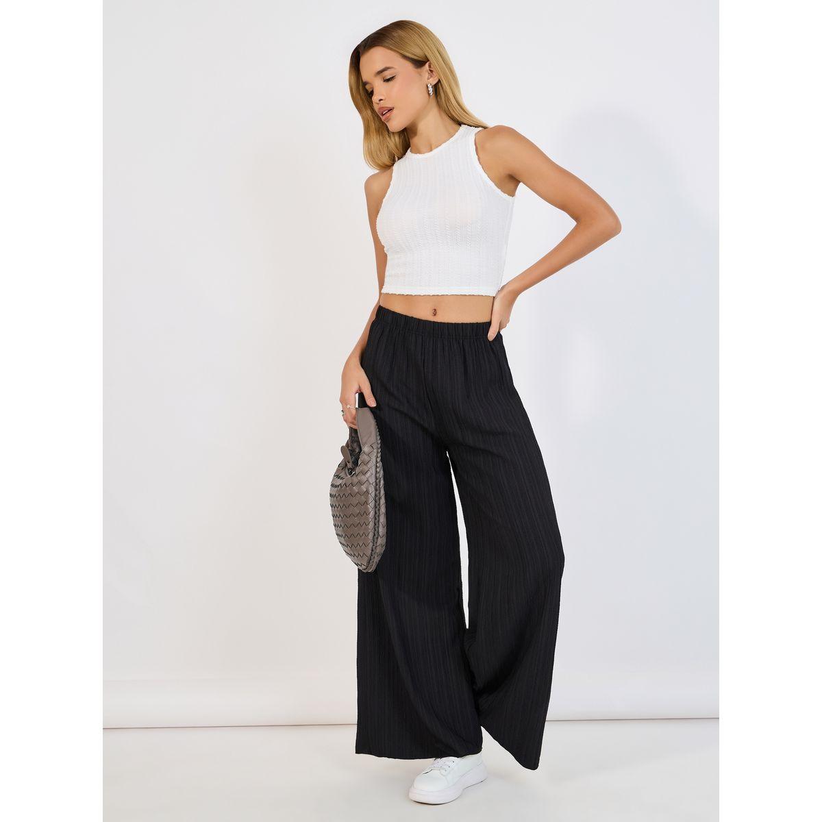 بنطال بالازو بتفاصيل بارزة الملمس وخصر مطاطي-women-clothing-bottoms-trousers-image-1