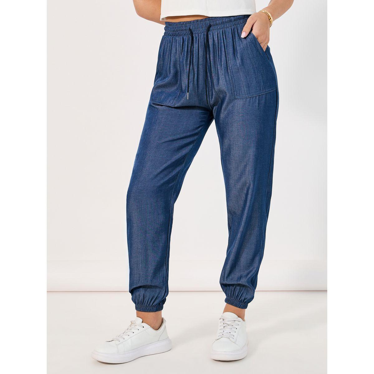 Styli Denim Look Elastic Waistband Cuffed Joggers-women-clothing-bottoms-joggers-image-2