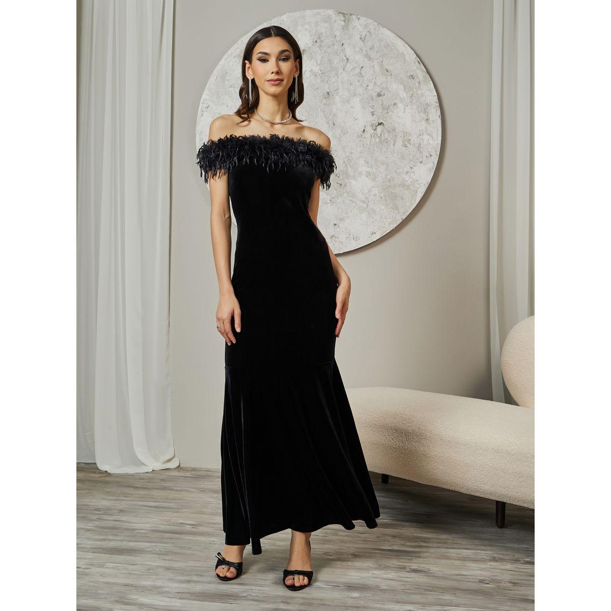 فستان طويل بأكتاف مكشوفة وفرو صناعي-women-clothing-dresses-image-1