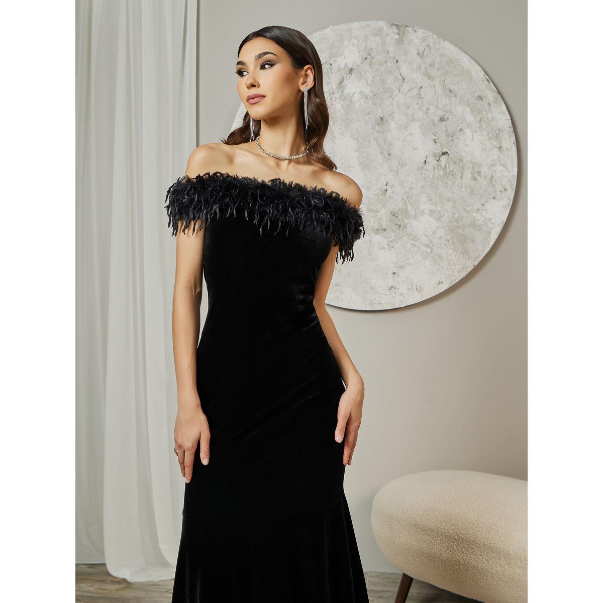 فستان طويل بأكتاف مكشوفة وفرو صناعي-women-clothing-dresses-image-2