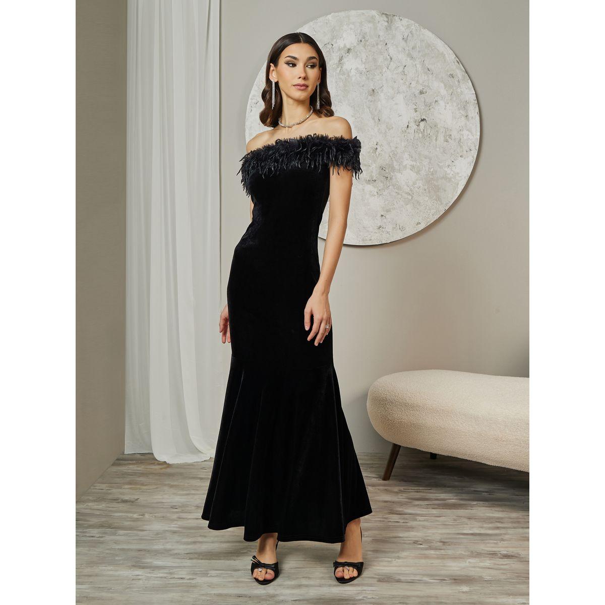 فستان طويل بأكتاف مكشوفة وفرو صناعي-women-clothing-dresses-image-4