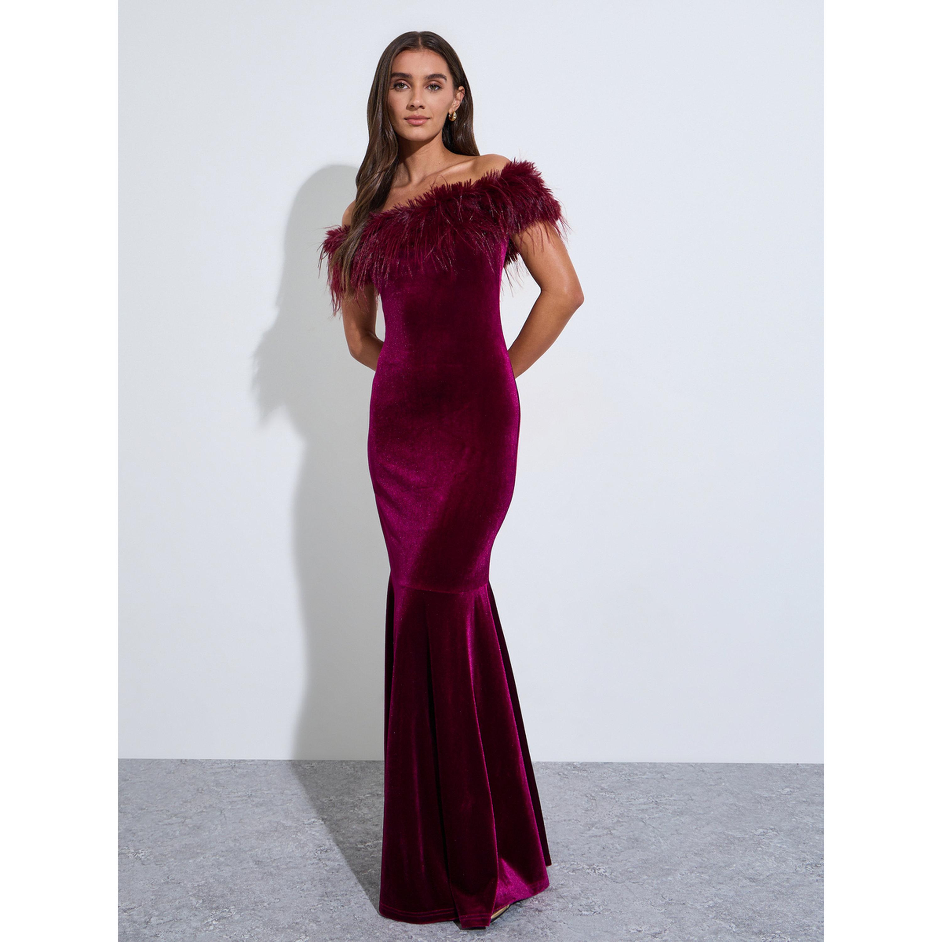 فستان طويل مكشوف الكتفين بحافة حورية البحر وتفاصيل فرو صناعي-women-clothing-dresses-image-1