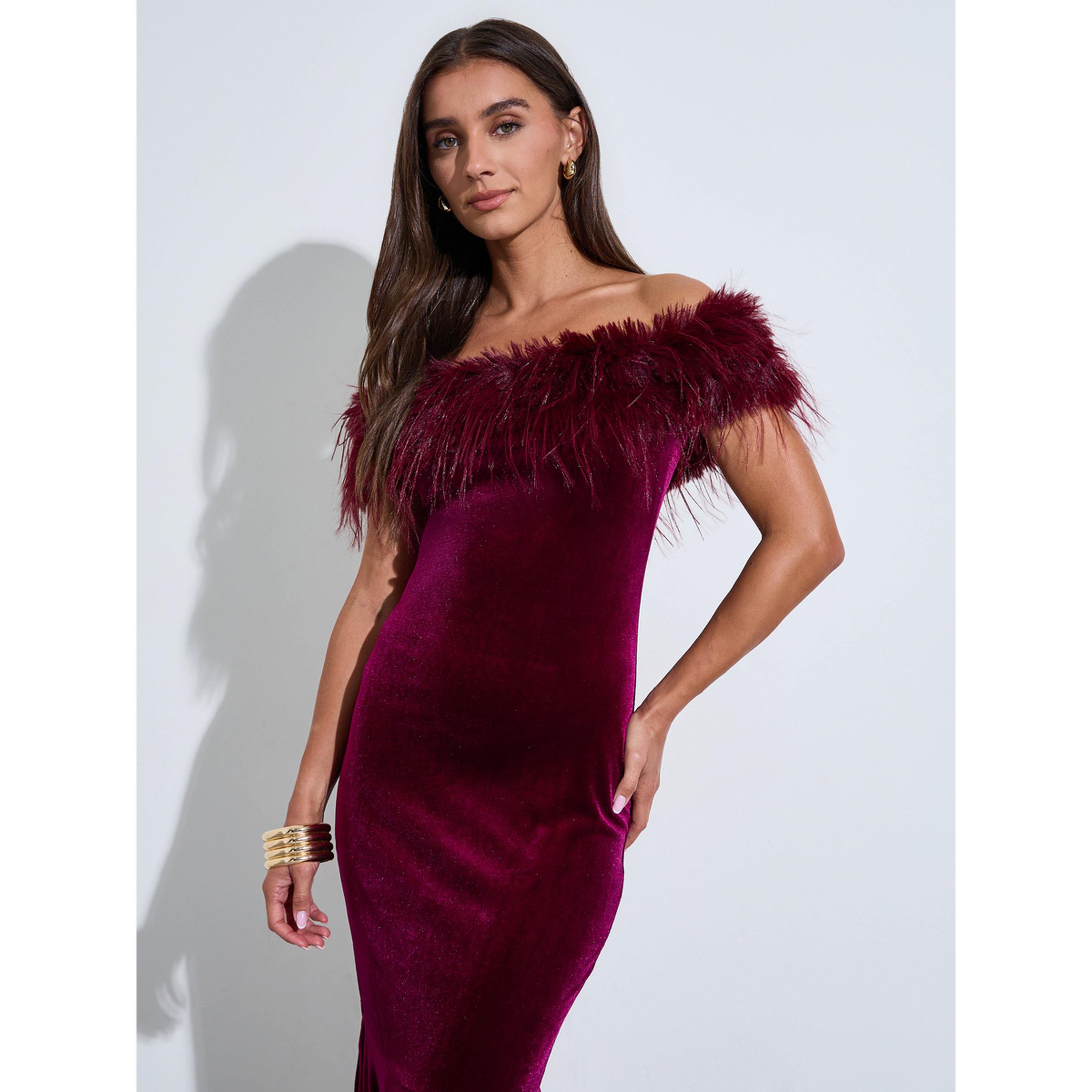 فستان طويل مكشوف الكتفين بحافة حورية البحر وتفاصيل فرو صناعي-women-clothing-dresses-image-2