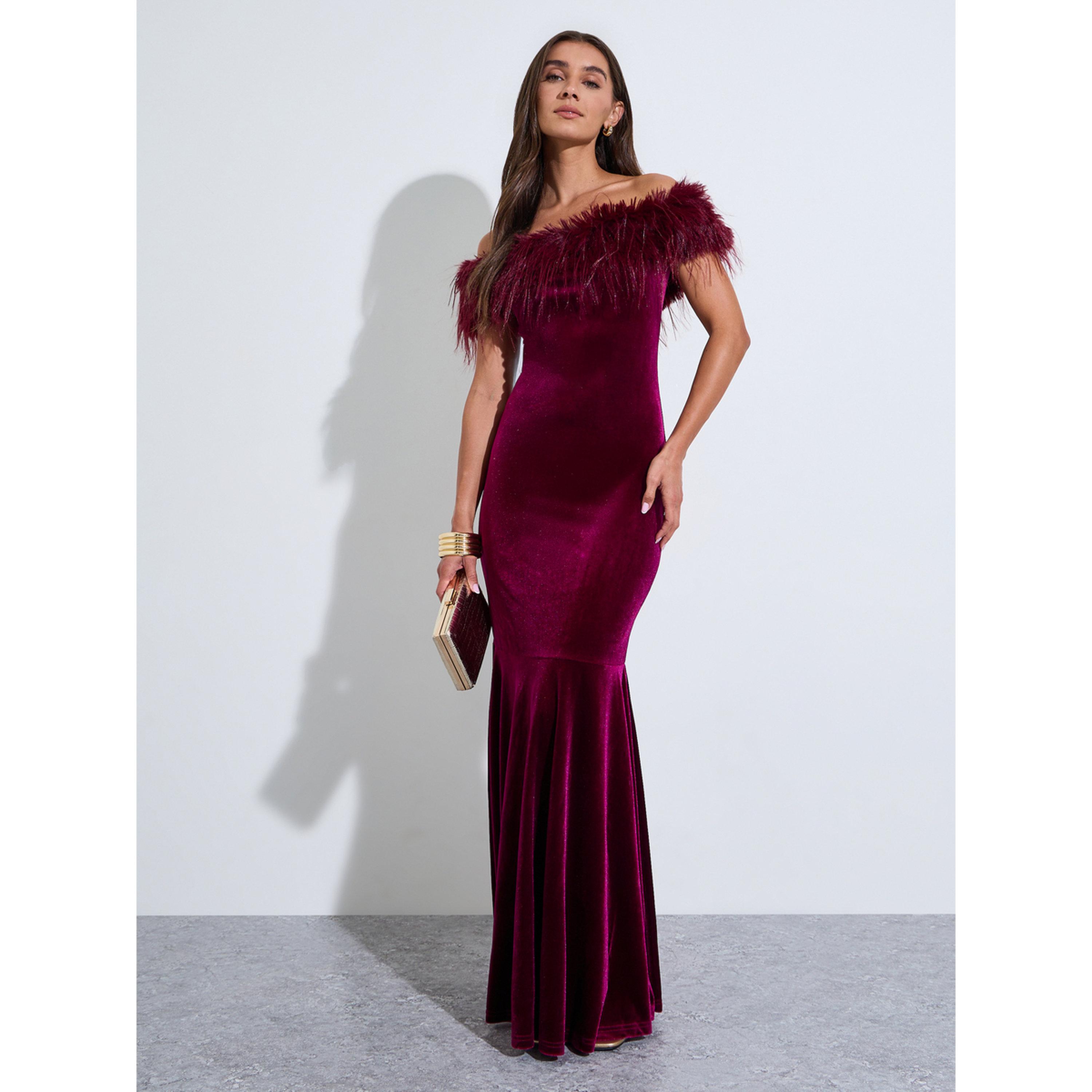 فستان طويل مكشوف الكتفين بحافة حورية البحر وتفاصيل فرو صناعي-women-clothing-dresses-image-3