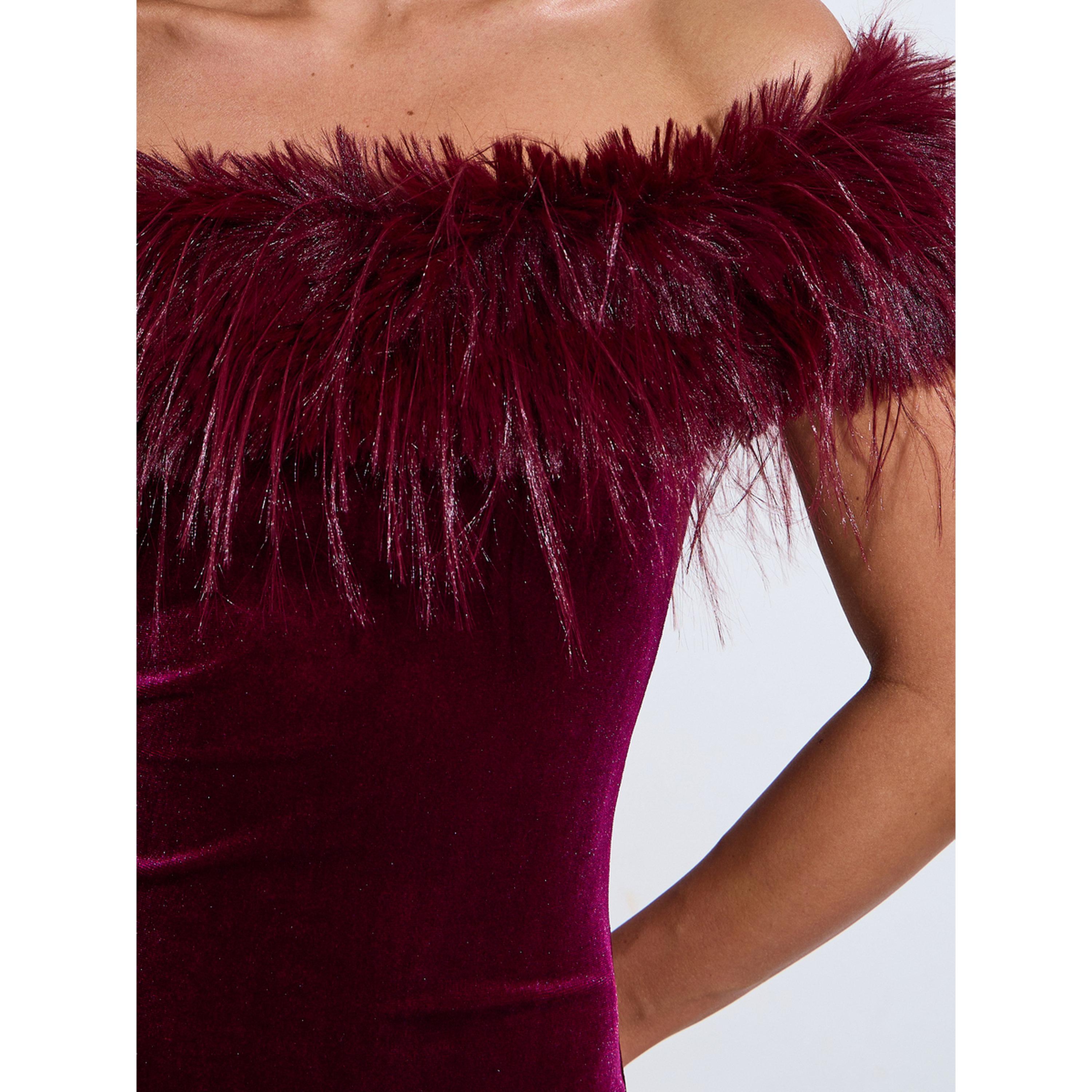 فستان طويل مكشوف الكتفين بحافة حورية البحر وتفاصيل فرو صناعي-women-clothing-dresses-image-5