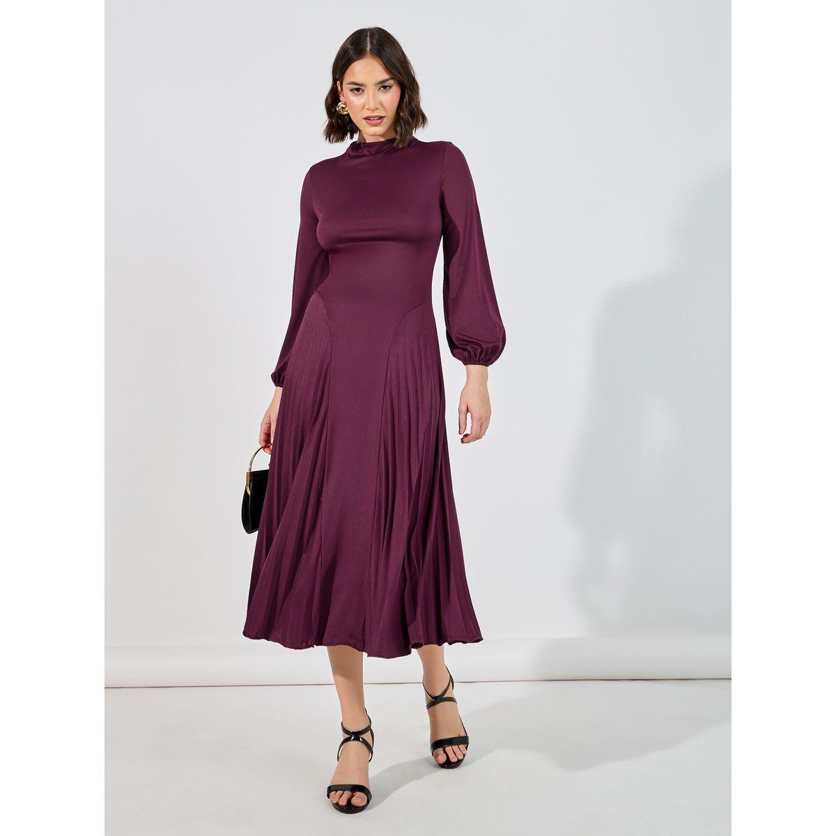 فستان ميدي بأكمام طويلة وياقة قمع-women-clothing-dresses-image-1