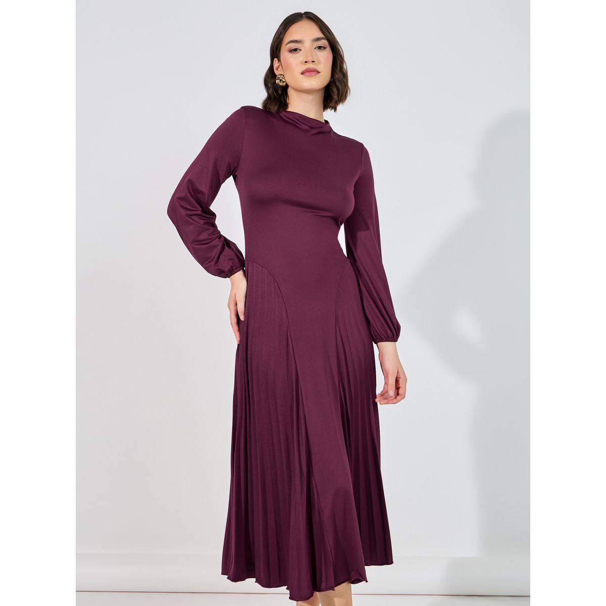 فستان ميدي بأكمام طويلة وياقة قمع-women-clothing-dresses-image-2