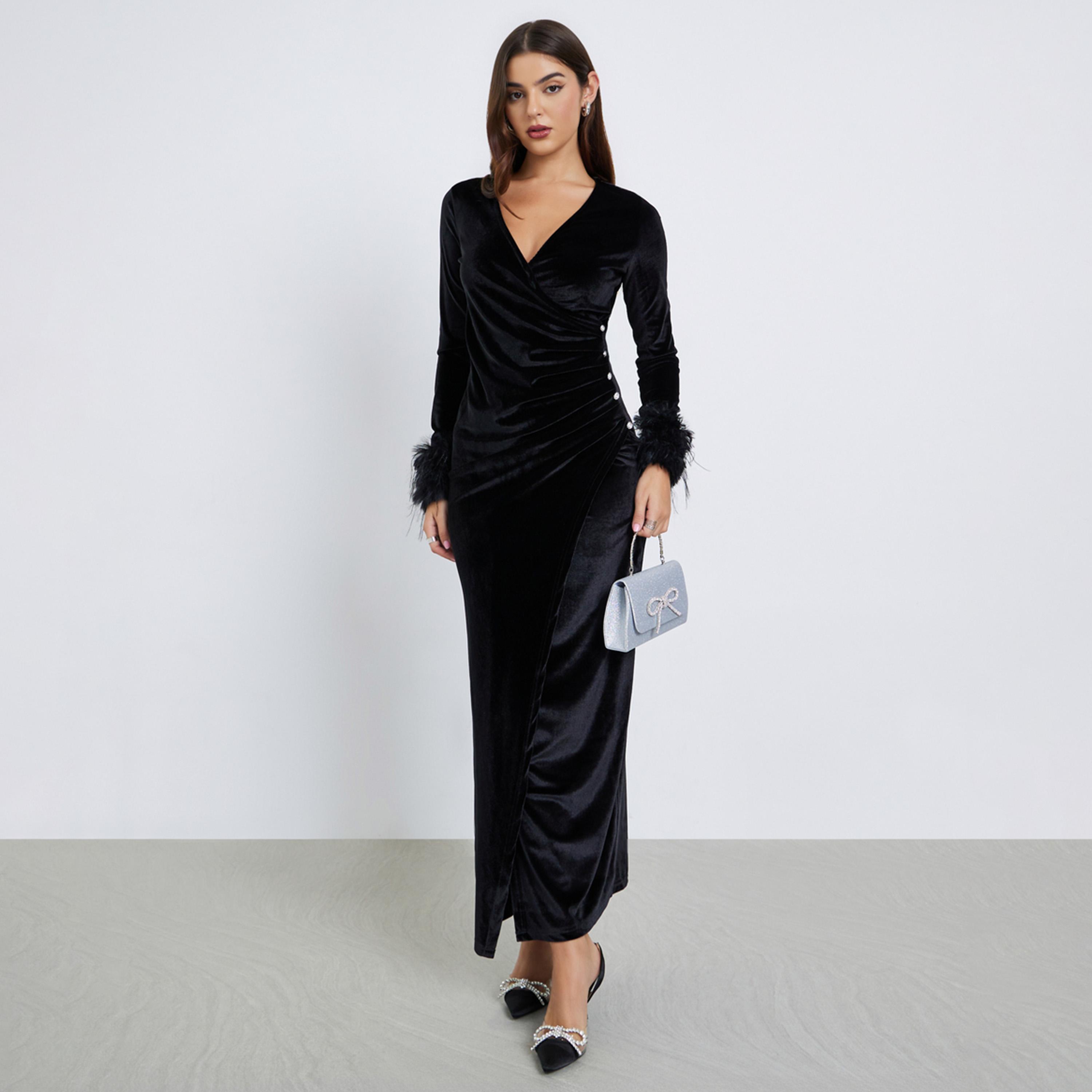 Styli Black Velvet Maxi Wrap Dress with Faux Fur Detail-women-clothing-dresses-image-1