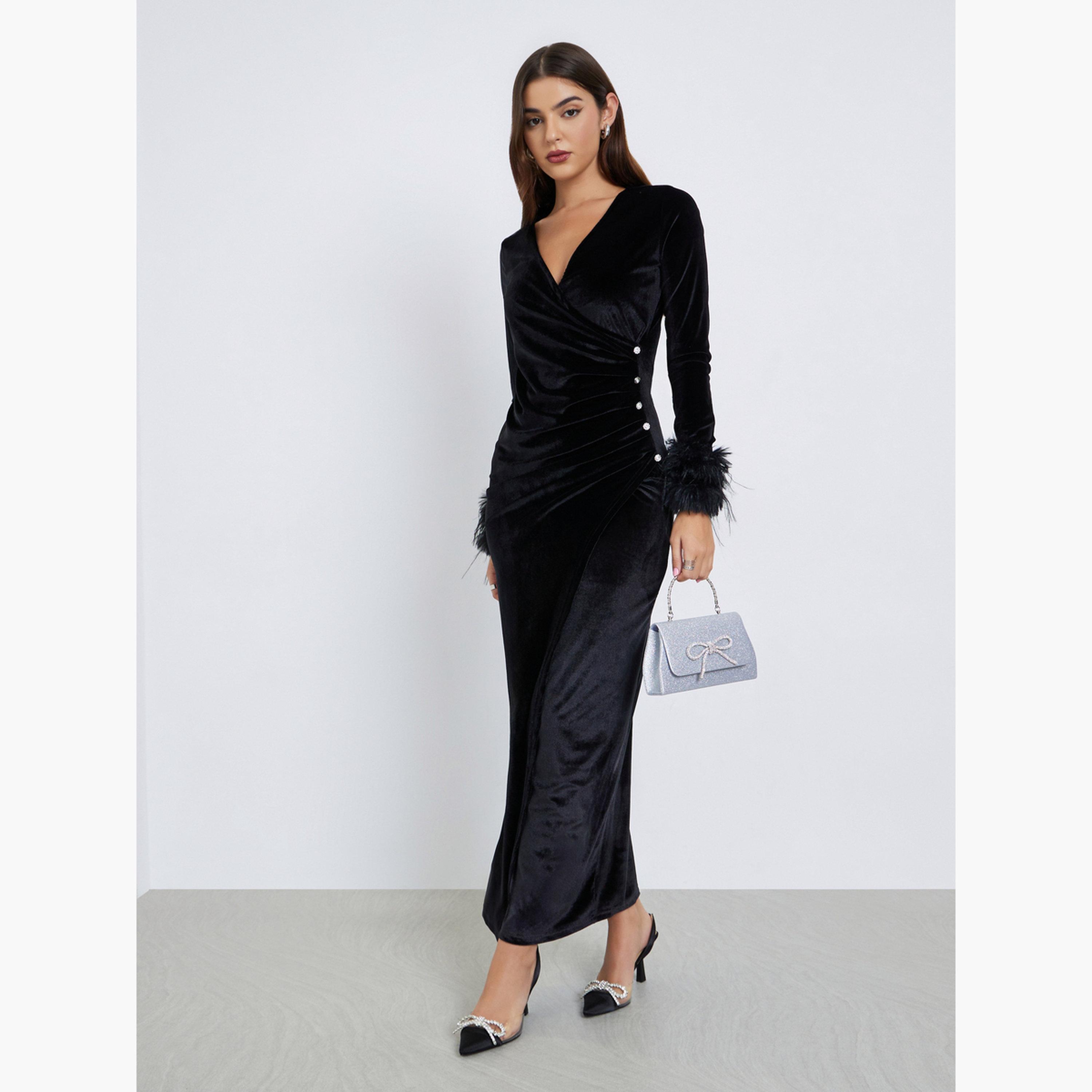 Styli Black Velvet Maxi Wrap Dress with Faux Fur Detail-women-clothing-dresses-image-2