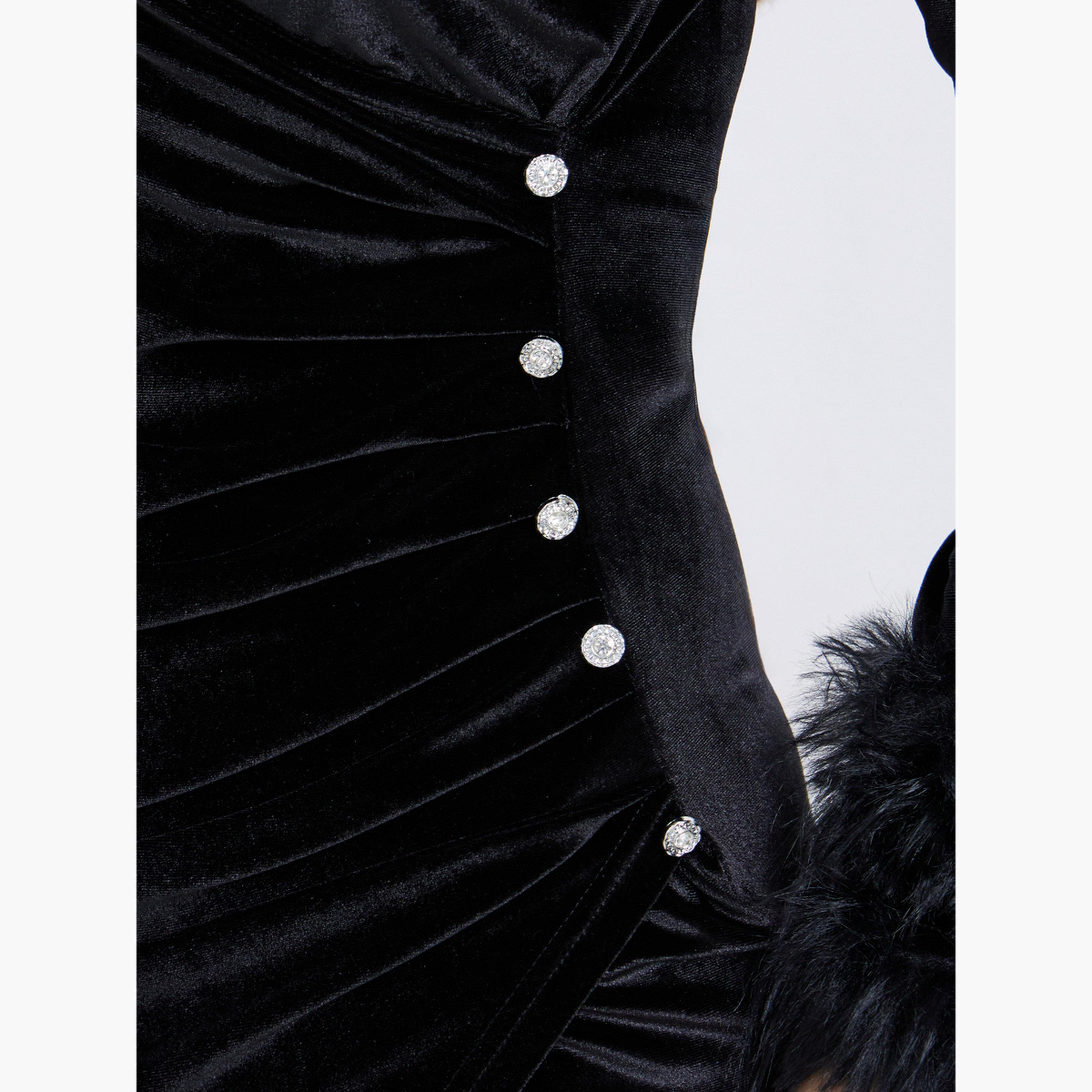 Styli Black Velvet Maxi Wrap Dress with Faux Fur Detail-women-clothing-dresses-image-4