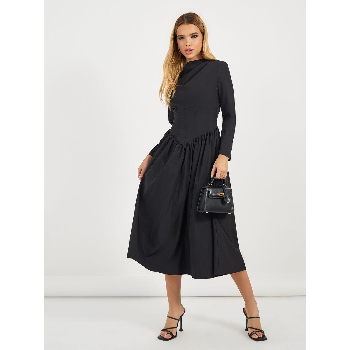 فستان ميدي مزين بكسرات مع أكمام طويلة-women-clothing-dresses-image-1