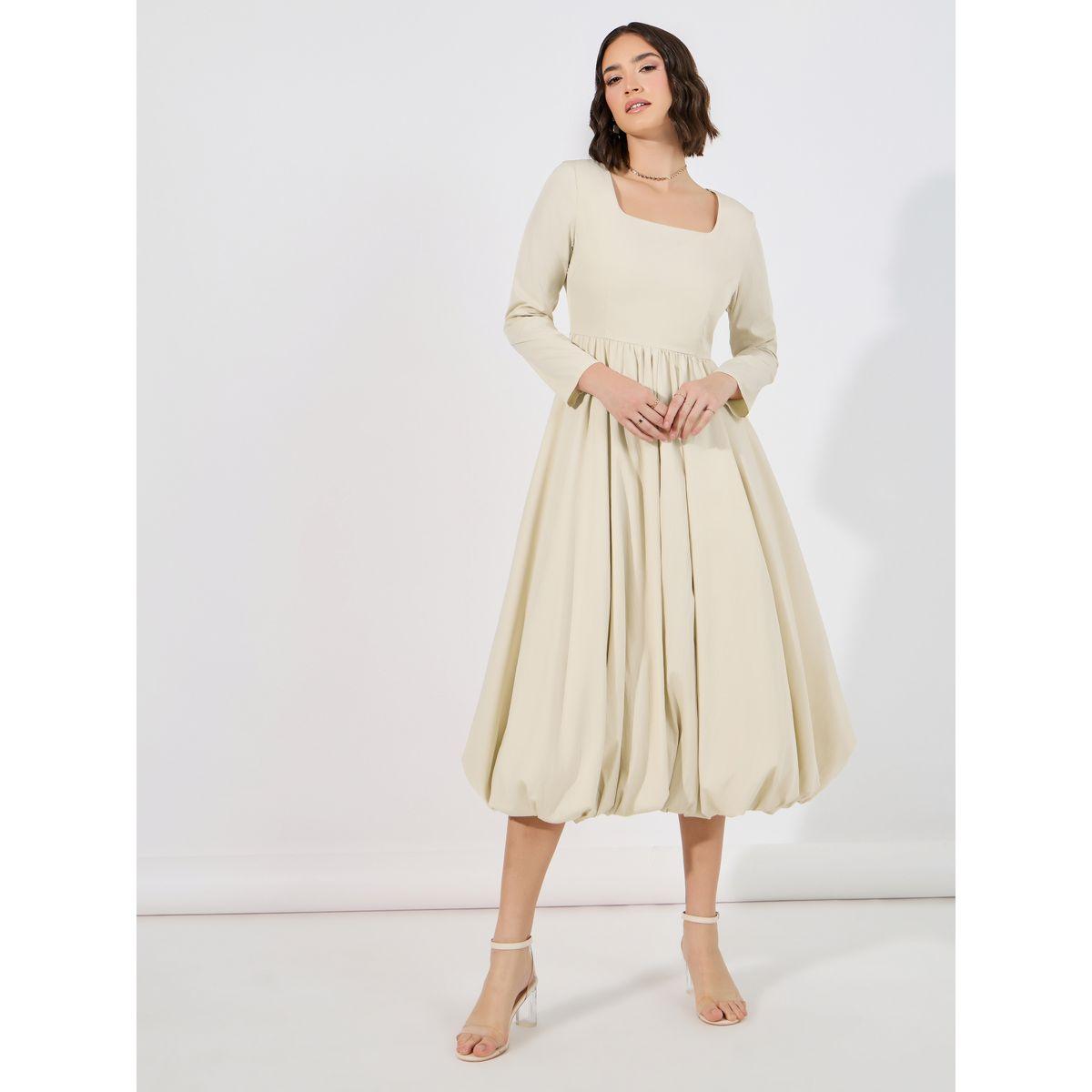 فستان ميدي بأكمام طويلة وحافة منفوخة-women-clothing-dresses-image-1