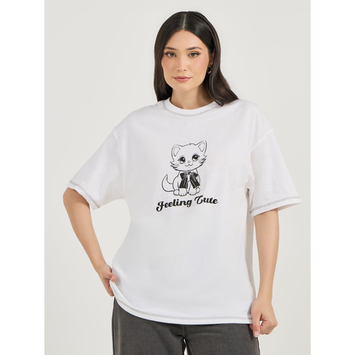 تيشيرت فضفاض بطبعة جرافيك وأكمام قصيرة-women-clothing-tshirts-image-1