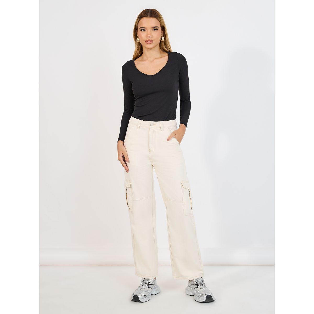 Styli Solid Straight Leg Cargo Jeans-women-clothing-bottoms-jeans-image-1
