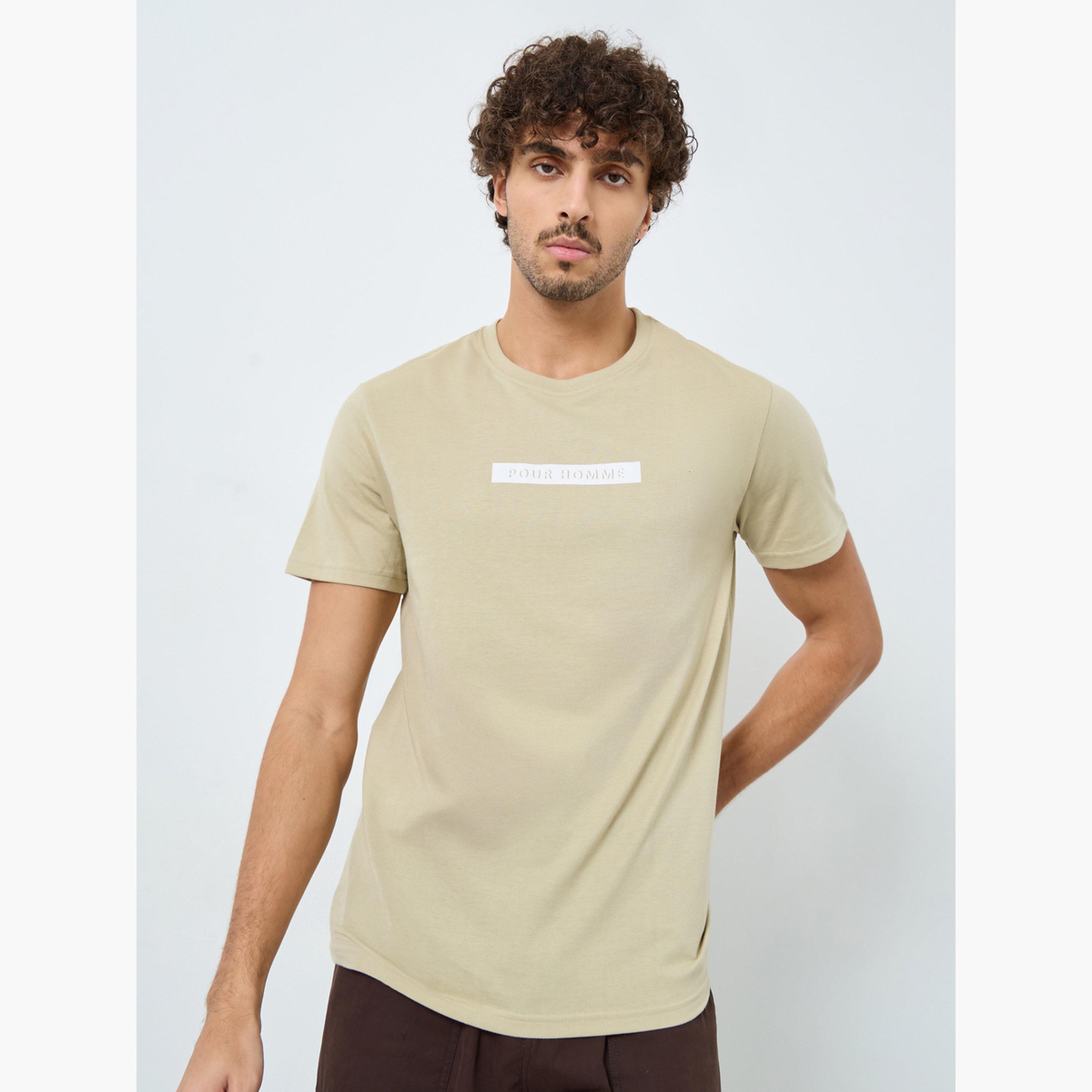 Styli Men Khaki Crew Neck Slogan Print T-Shirt-men-clothing-tshirtsandpolos-tshirts-image-1