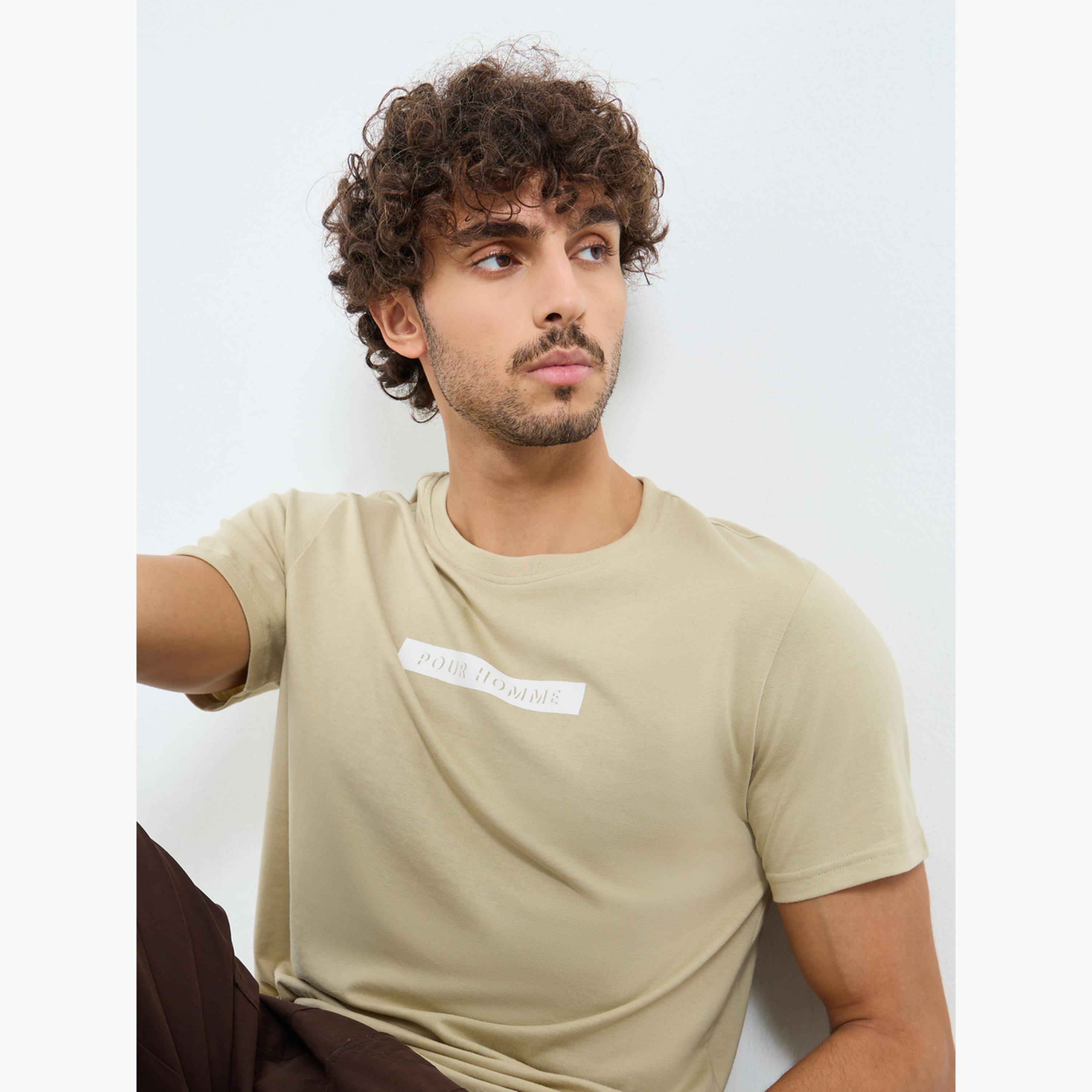 Styli Men Khaki Crew Neck Slogan Print T-Shirt-men-clothing-tshirtsandpolos-tshirts-image-3