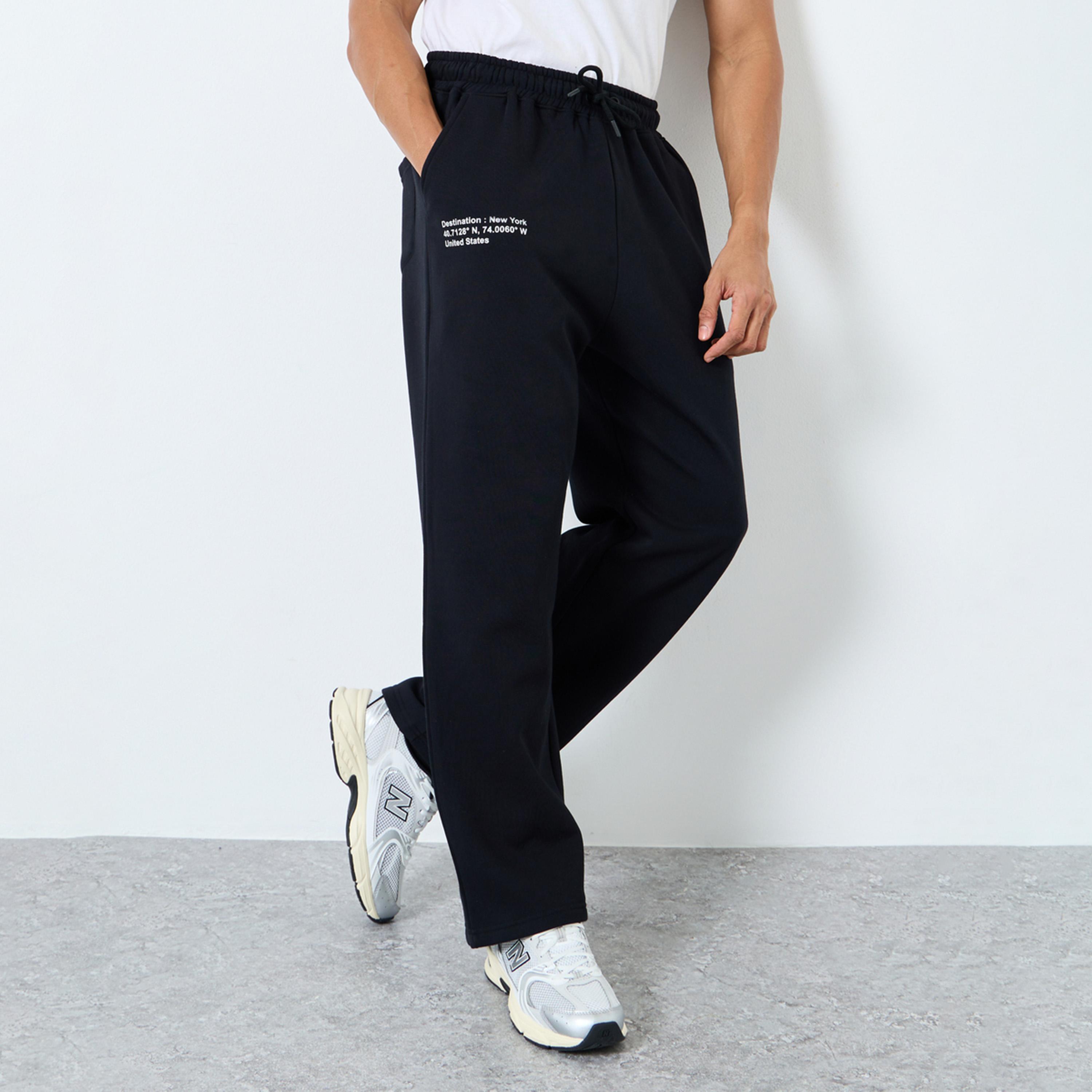 Styli Men Black Oversized Joggers with New York United States Pocket Slogan Print-men-clothing-bottoms-joggers-image-1