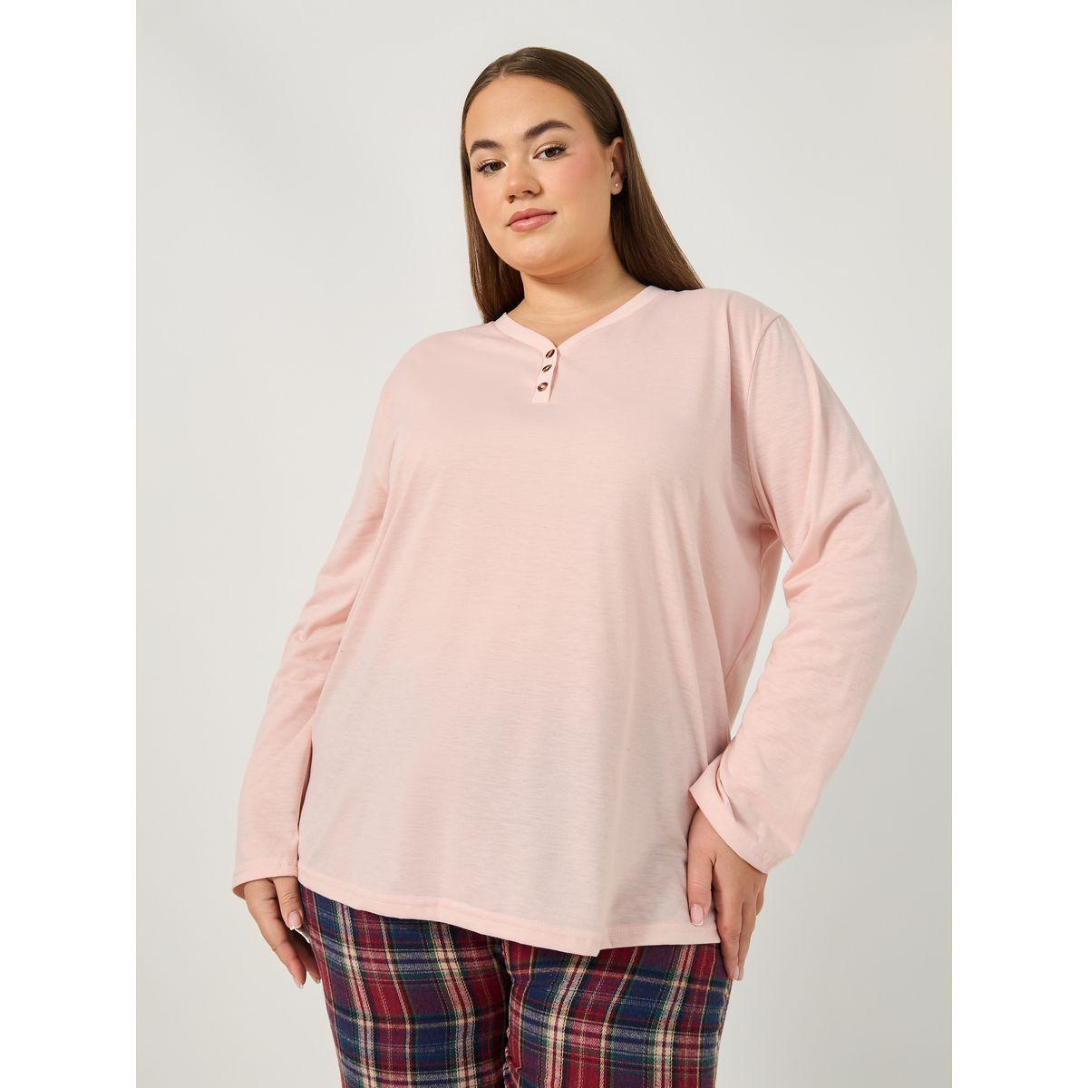 Styli Plus Size Long Sleeve T-Shirt and Checked Pyjama Set-women-clothing-nightwear-pyjamas-longsets-image-2