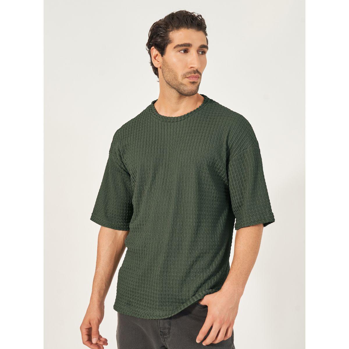 تيشيرت محبوك بقصة بوكسي وياقة دائرية-men-clothing-tshirtsandpolos-tshirts-image-1