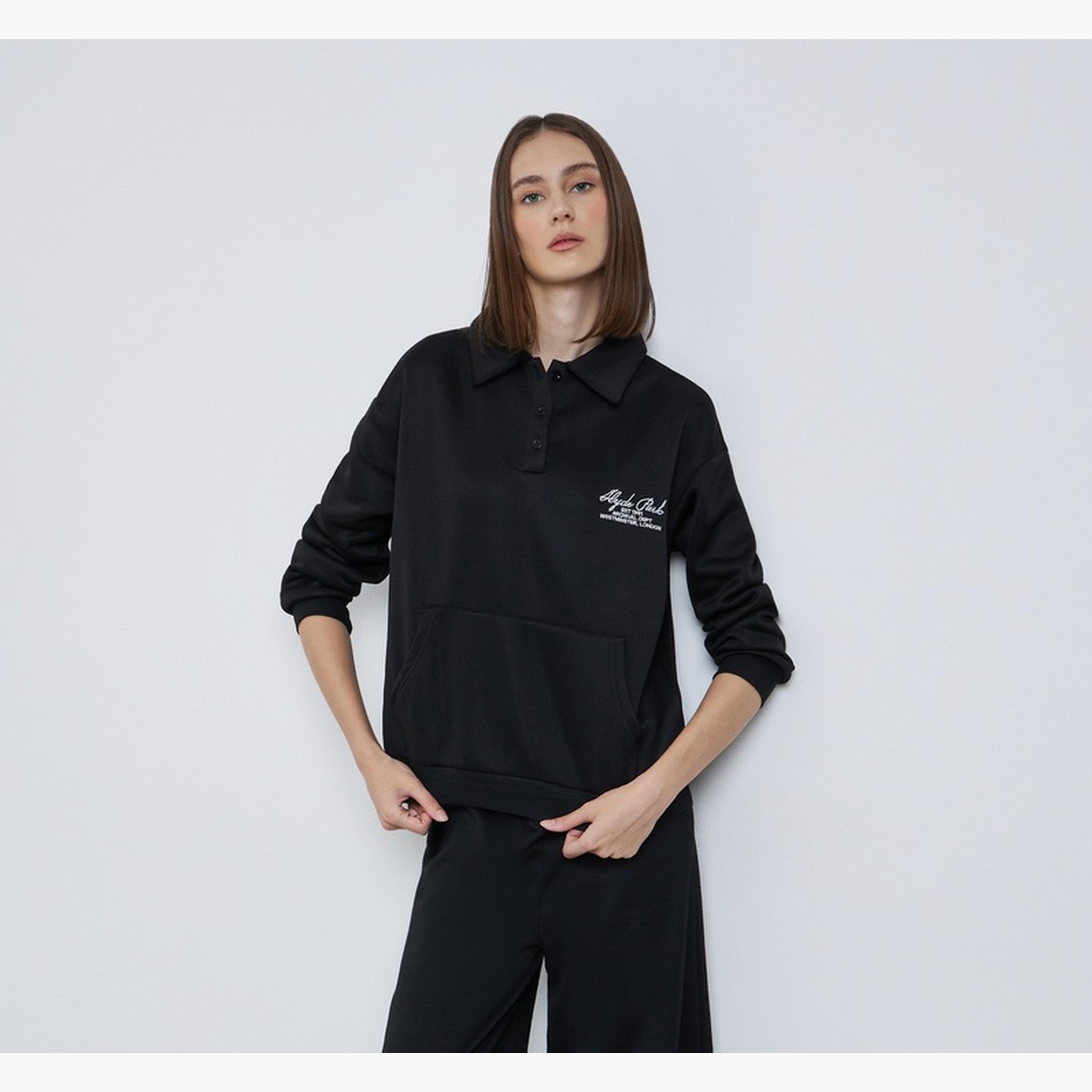 ستايلي - سويت شيرت بولو تصميم واسع مع تفاصيل تطريز للنساء -women-clothing-hoodiesandsweatshirts-sweatshirts-image-1