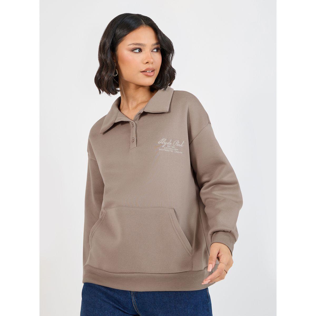 Styli Elevate Oversized Longline Polo Sweatshirt with Embroidery Detail-women-winterwear-hoodiesandsweatshirts-sweatshirts-image-1