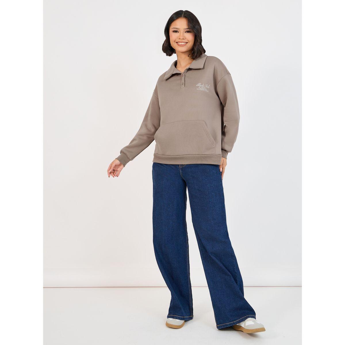 Styli Elevate Oversized Longline Polo Sweatshirt with Embroidery Detail-women-winterwear-hoodiesandsweatshirts-sweatshirts-image-2