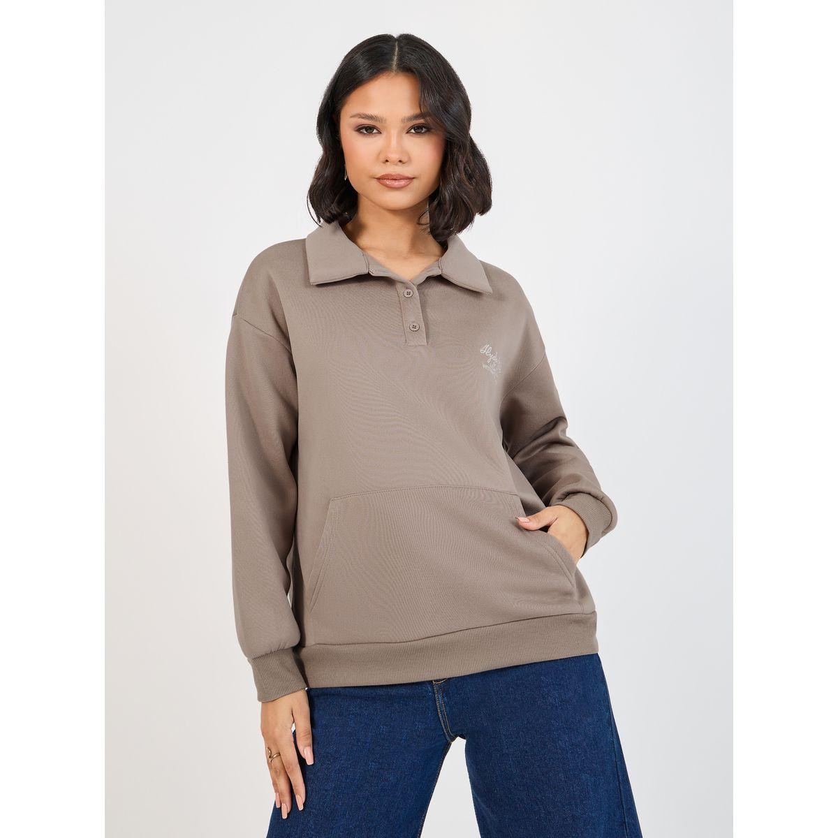 Styli Elevate Oversized Longline Polo Sweatshirt with Embroidery Detail-women-winterwear-hoodiesandsweatshirts-sweatshirts-image-3