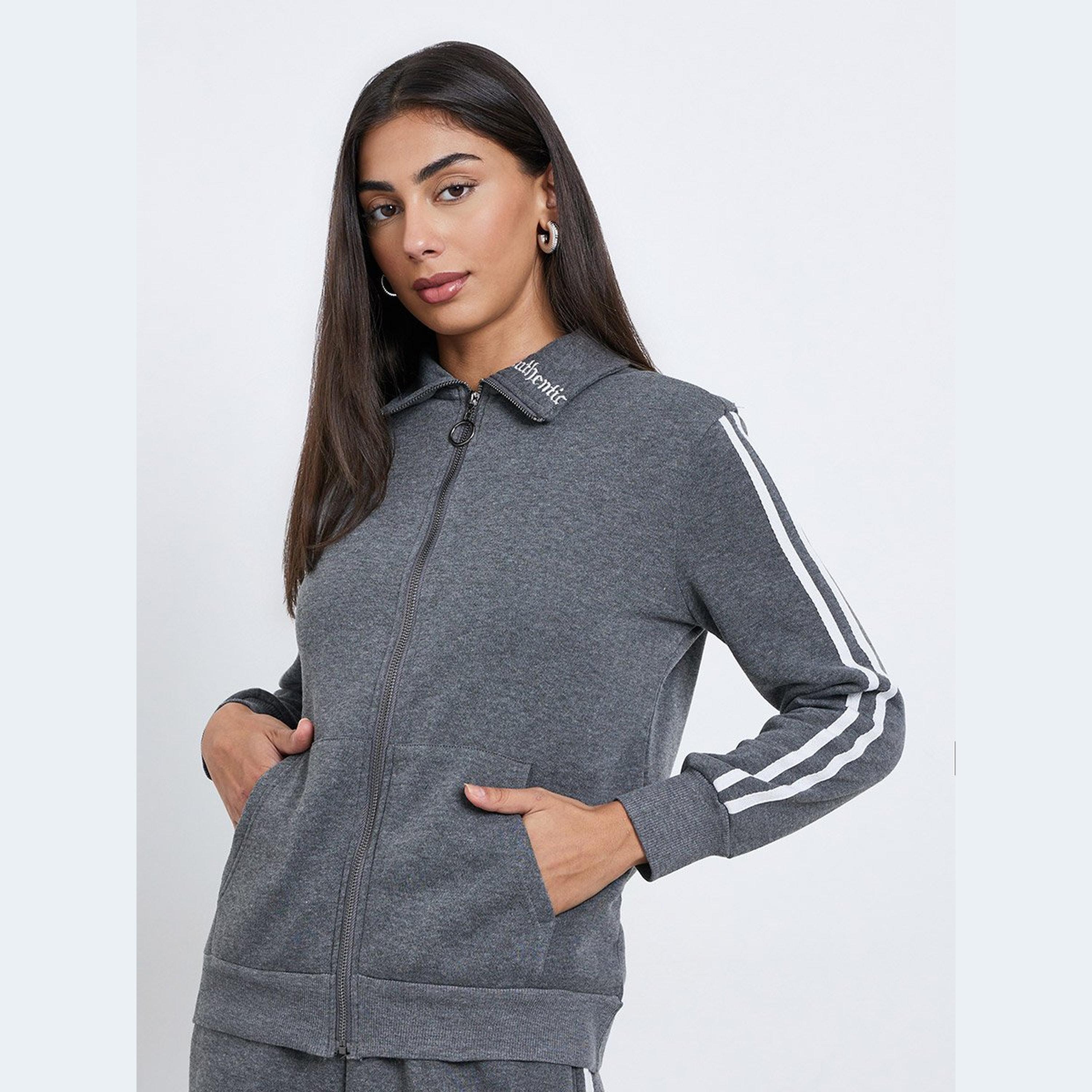 ستايلي - جاكيت وبنطال بسحاب أمامي وتفاصيل خطوط متباينة-women-clothing-coordsets-image-3