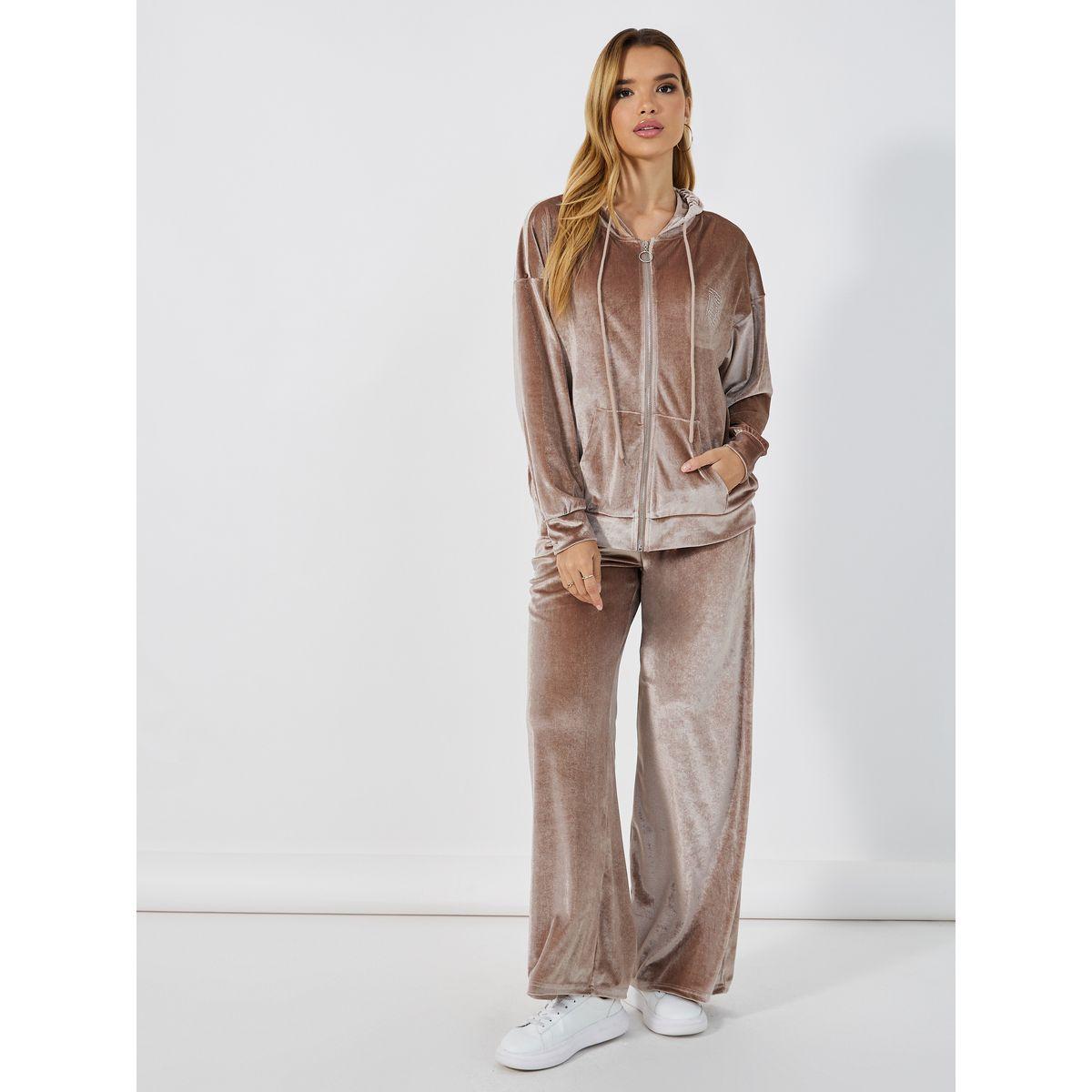 Styli Elevate Velvet Look Zip Through Hoodie &  Wide Leg Pant Co-Ords Set-women-clothing-coordsets-image-3