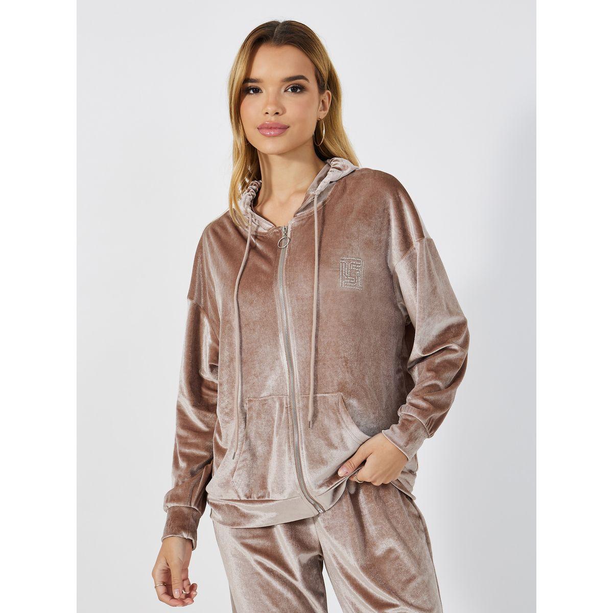 Styli Elevate Velvet Look Zip Through Hoodie &  Wide Leg Pant Co-Ords Set-women-clothing-coordsets-image-4
