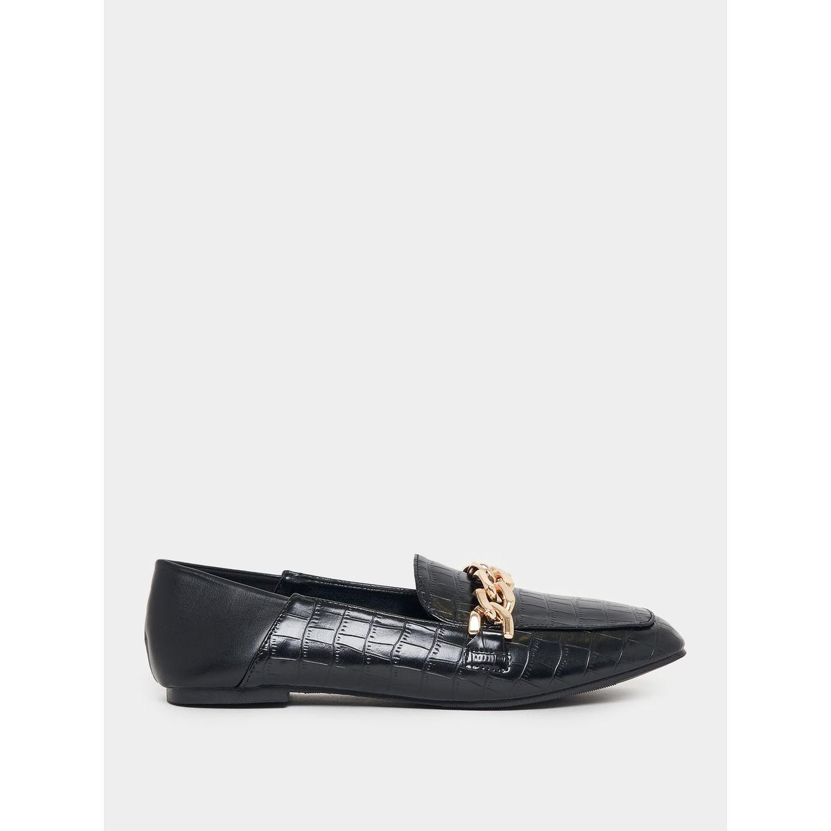 Styli Metallic Chain Accent Textured Loafers-women-shoes-loafersandmoccasins-image-1