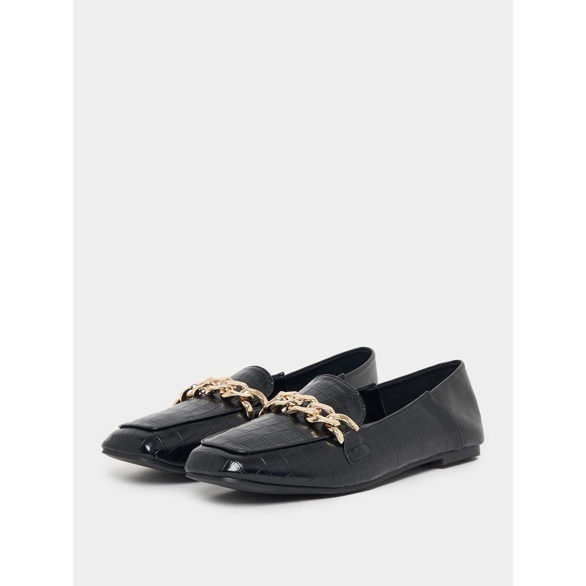 Styli Metallic Chain Accent Textured Loafers-women-shoes-loafersandmoccasins-image-2