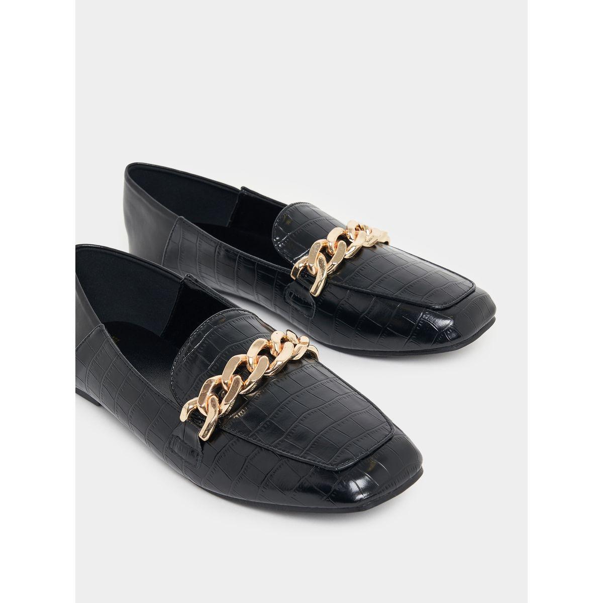 Styli Metallic Chain Accent Textured Loafers-women-shoes-loafersandmoccasins-image-4