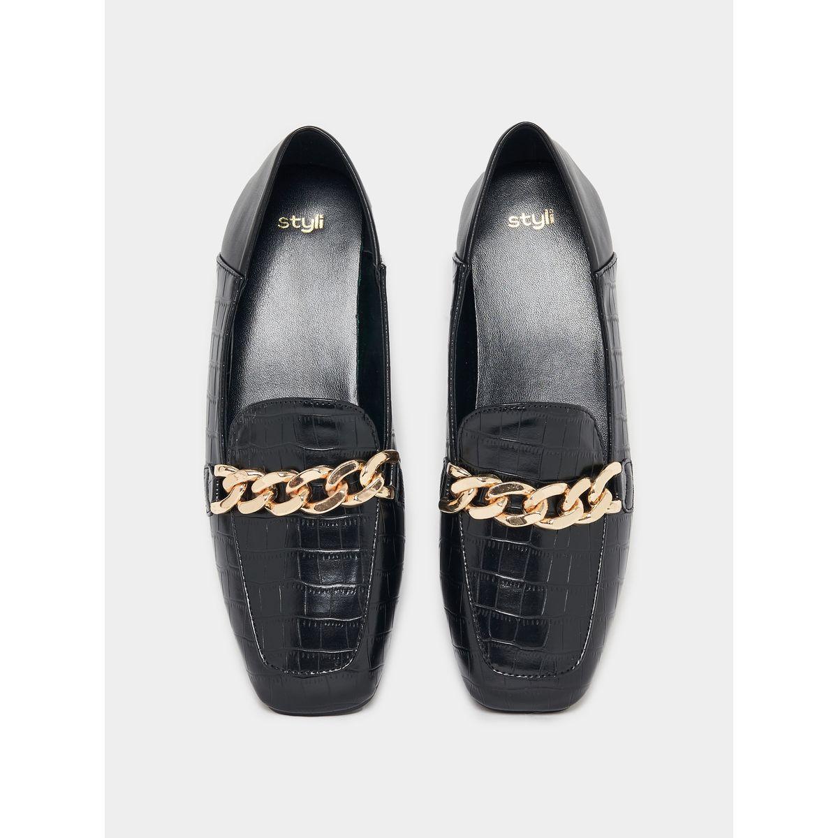 Styli Metallic Chain Accent Textured Loafers-women-shoes-loafersandmoccasins-image-5
