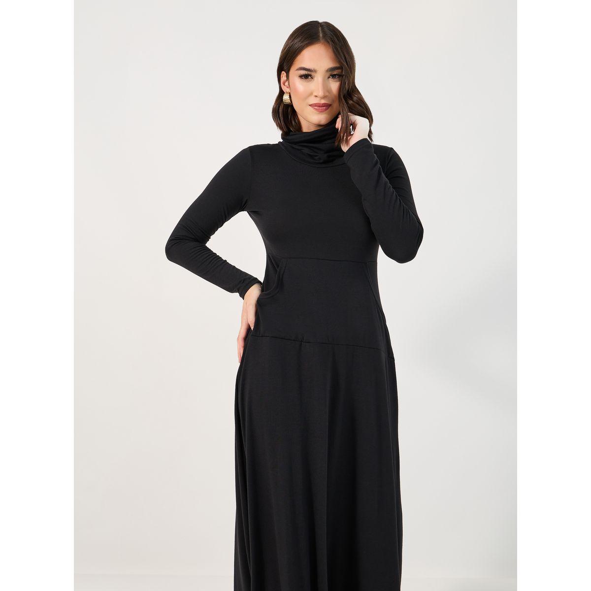 Styli Solid Roll Neck Front Pocket Sweatshirt Maxi Dress-women-clothing-dresses-image-2