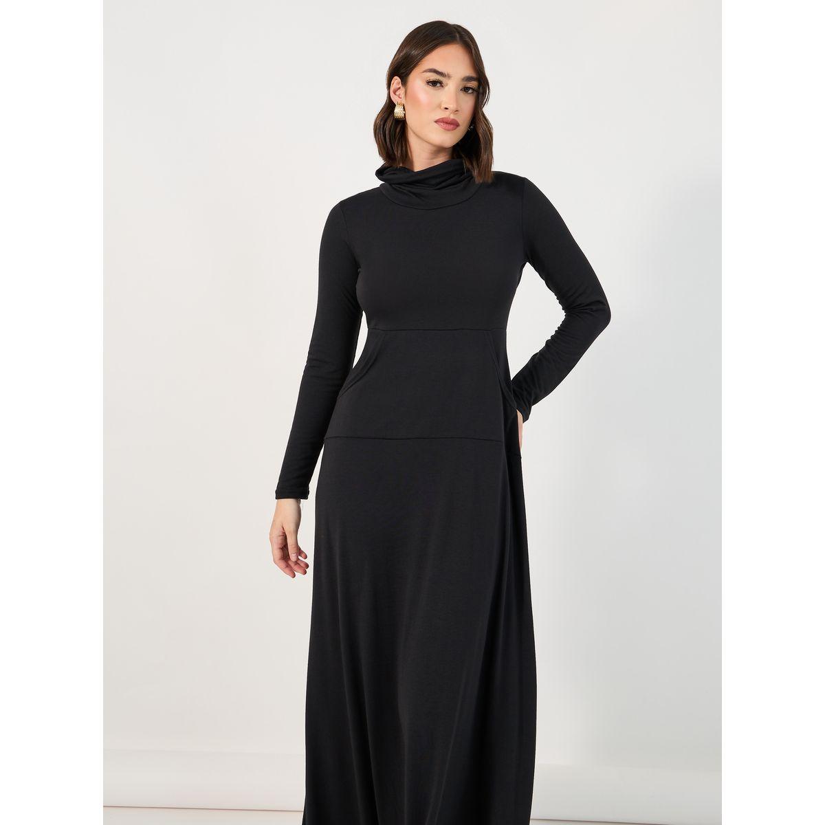 Styli Solid Roll Neck Front Pocket Sweatshirt Maxi Dress-women-clothing-dresses-image-5