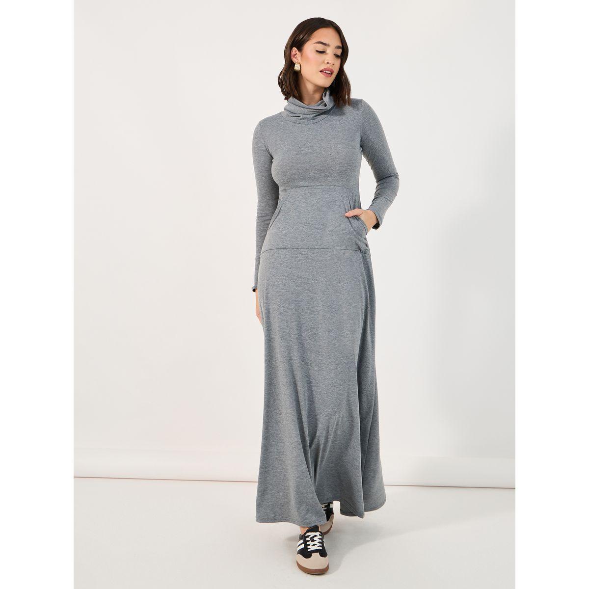 فستان طويل سادة بياقة ملفوفة وجيب-women-clothing-dresses-image-1