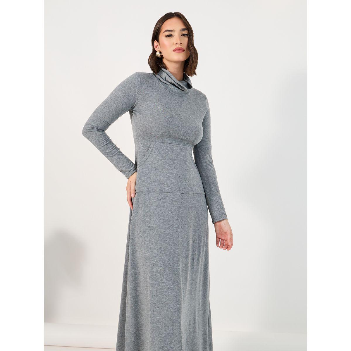 Styli Solid Roll Neck Front Pocket Sweatshirt Maxi Dress-women-clothing-dresses-image-2